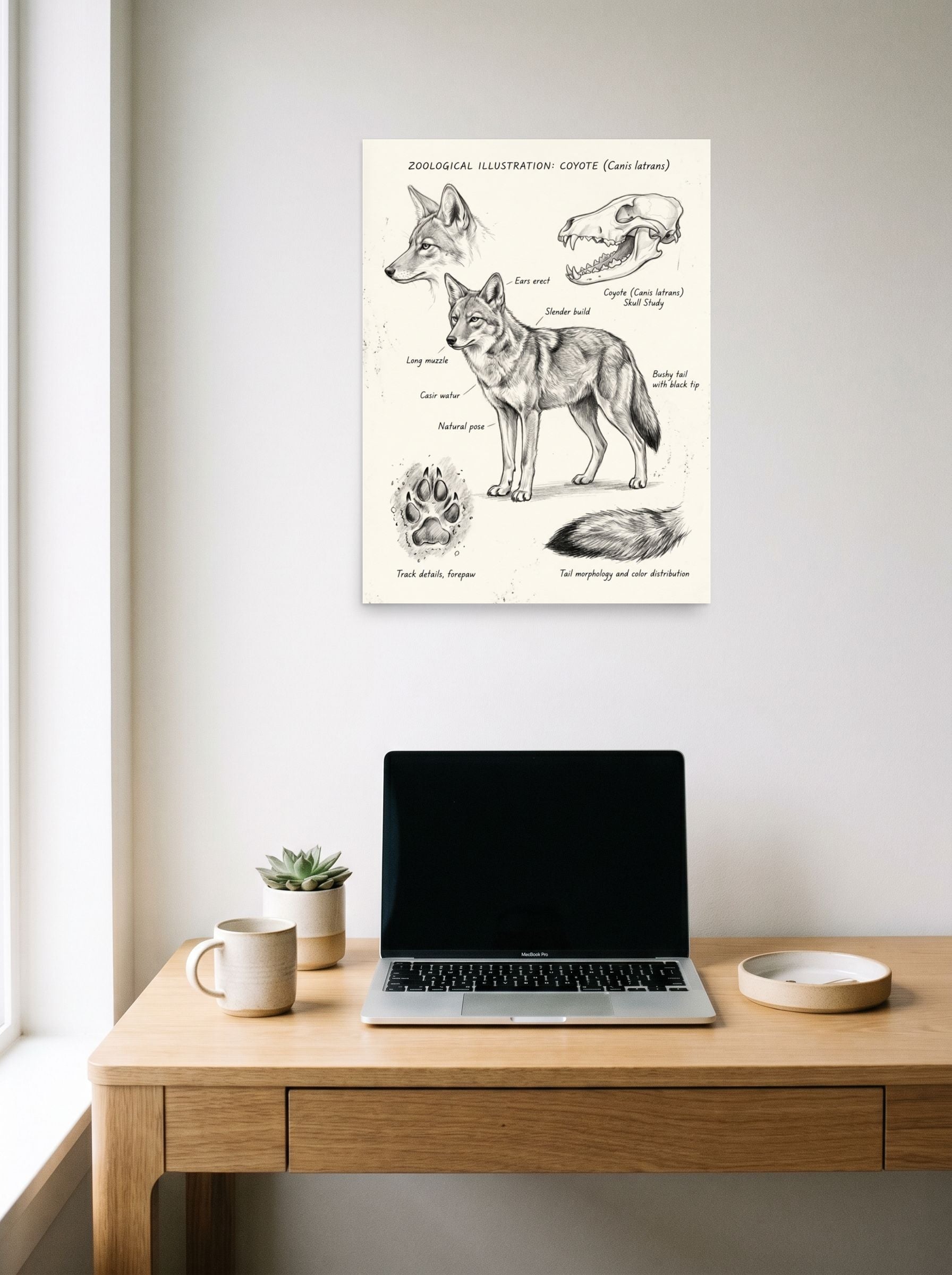A 18x24 inch unframed paper Academic art,Realism print of 'Coyote Zoological Study' hanging above a worktable with a laptop.
