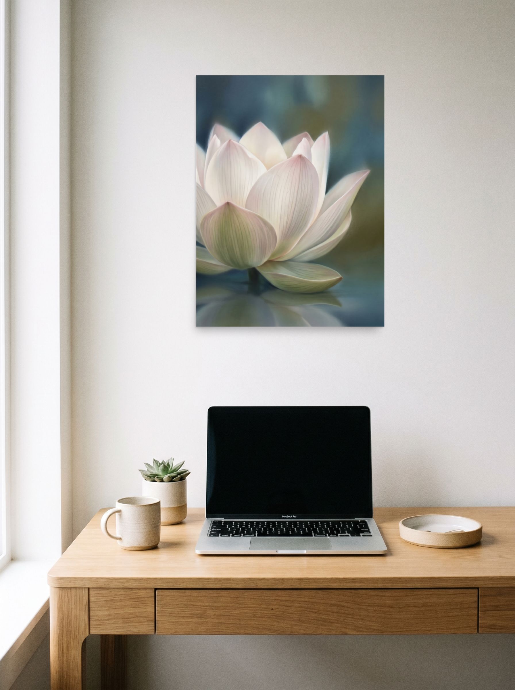 A 18x24 inch unframed paper Realism print of 'Serene Lotus Reflection' hanging above a worktable with a laptop.