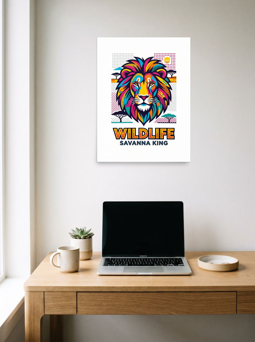 A 18x24 inch unframed paper Pop art print of 'Savanna King Wildlife' hanging above a worktable with a laptop.