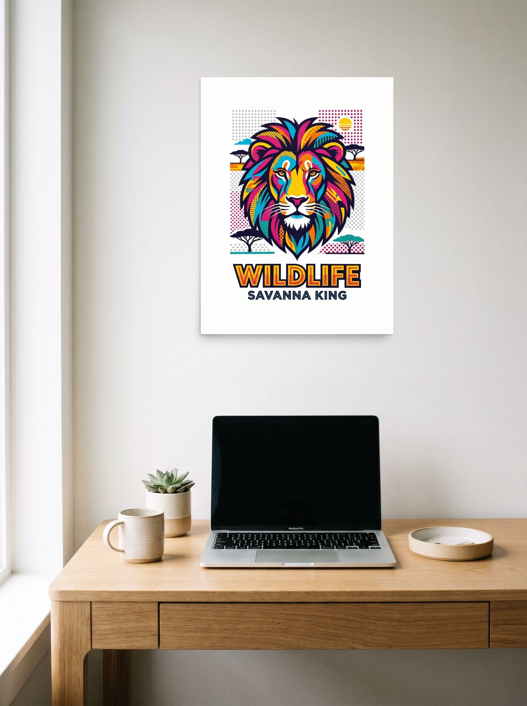 A 18x24 inch unframed paper Pop art print of 'Savanna King Wildlife' hanging above a worktable with a laptop.