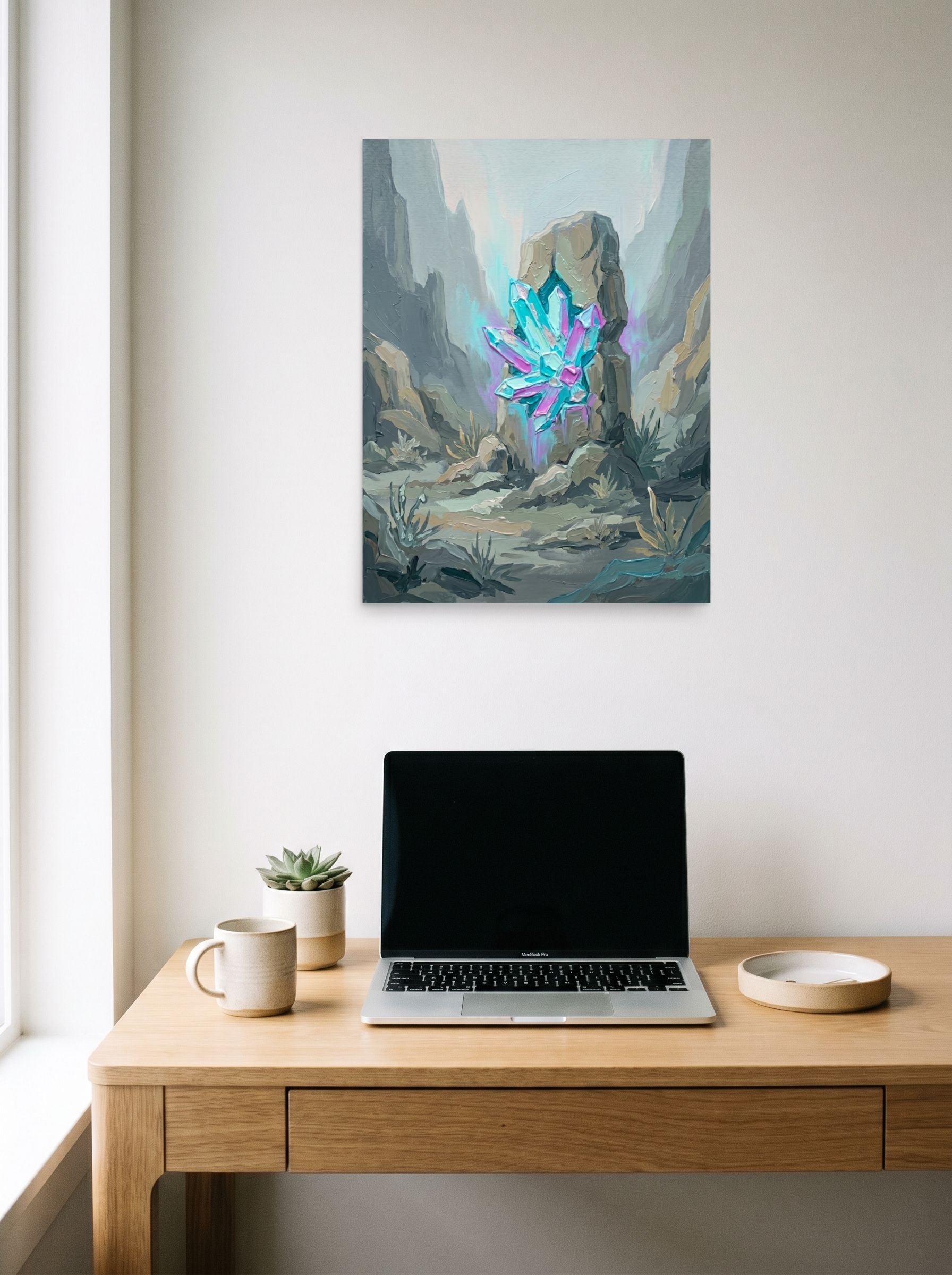 A 18x24 inch unframed paper Surrealism,Impressionism print of 'Monolith's Crystal Heart' hanging above a worktable with a laptop.