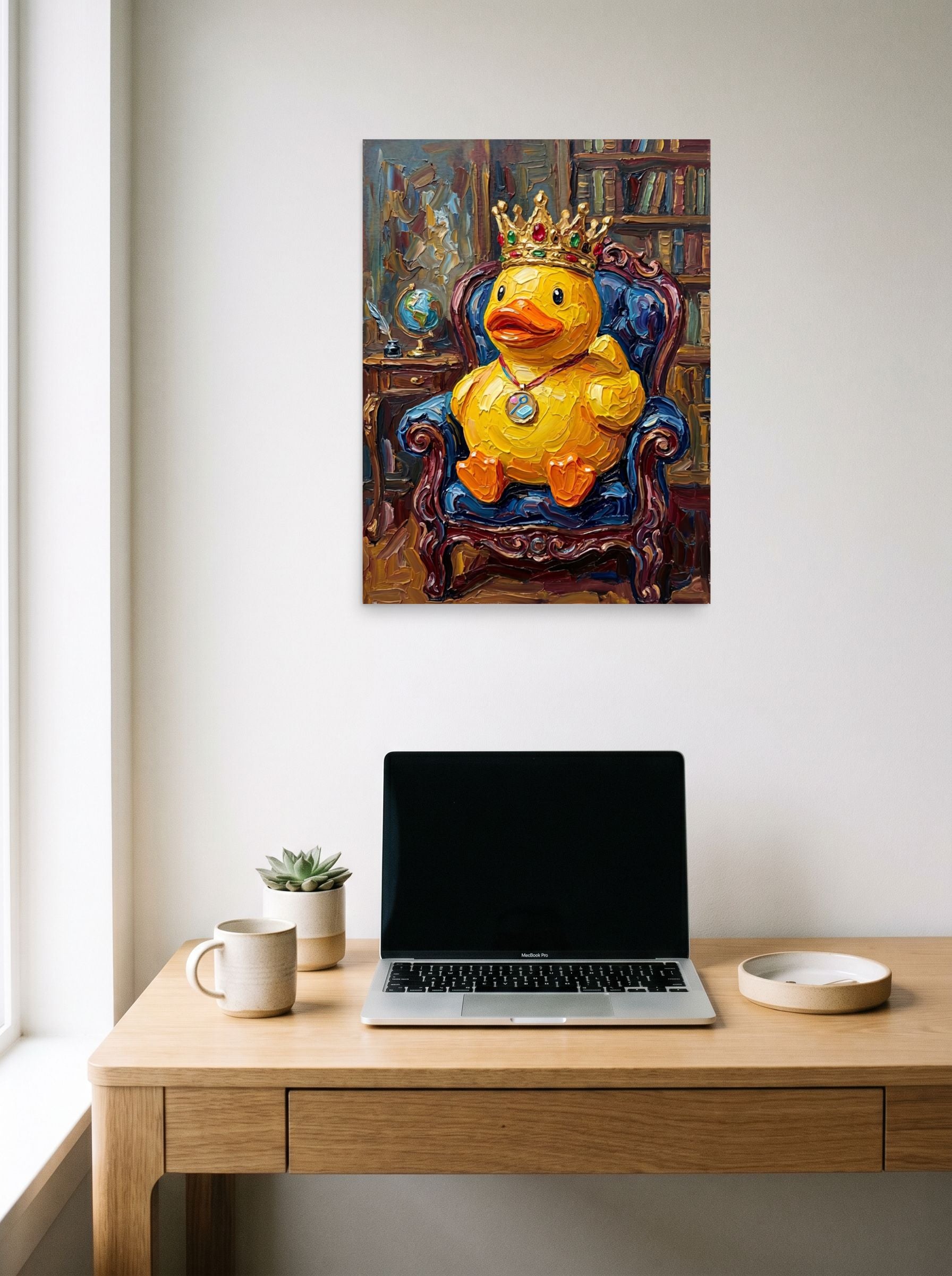A 18x24 inch unframed paper Lowbrow,Pop art print of 'His Royal Quackness' hanging above a worktable with a laptop.