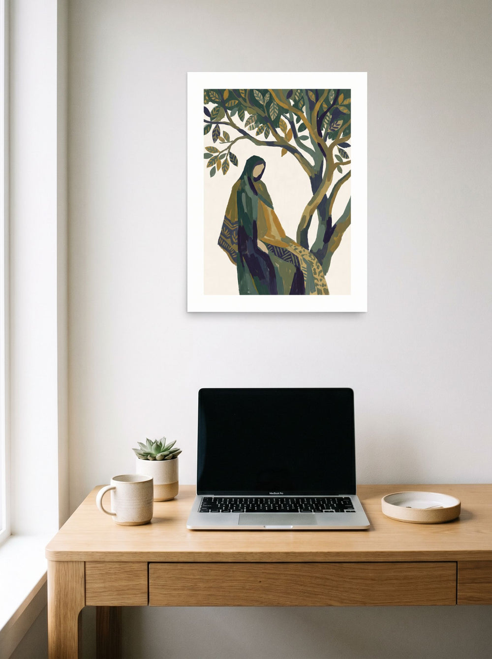 Les Nabis wall art 'Beneath the Olive Tree', unframed paper at 18x24 inch, styled above a home-office workspace.