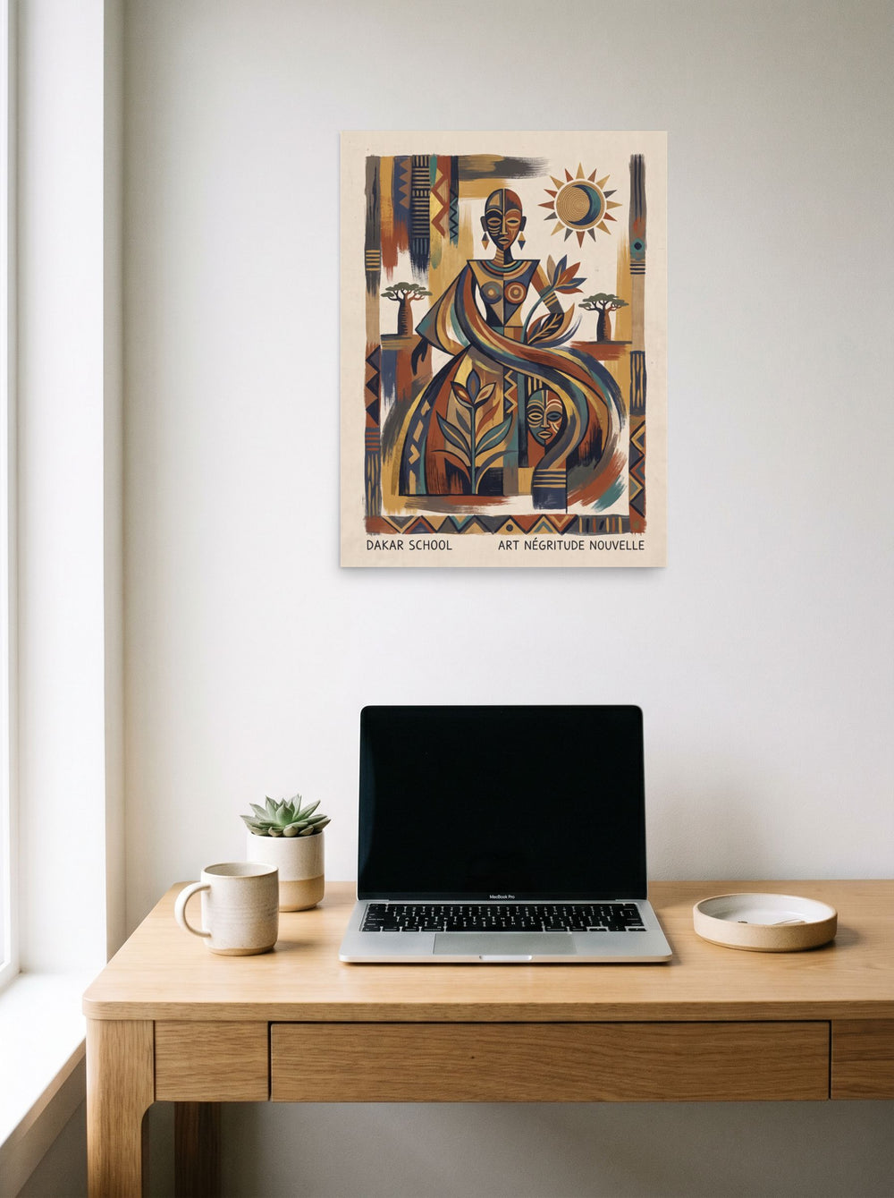 A 18x24 inch unframed paper Dakar School,Modernism print of 'Spirit of Négritude' hanging above a worktable with a laptop.