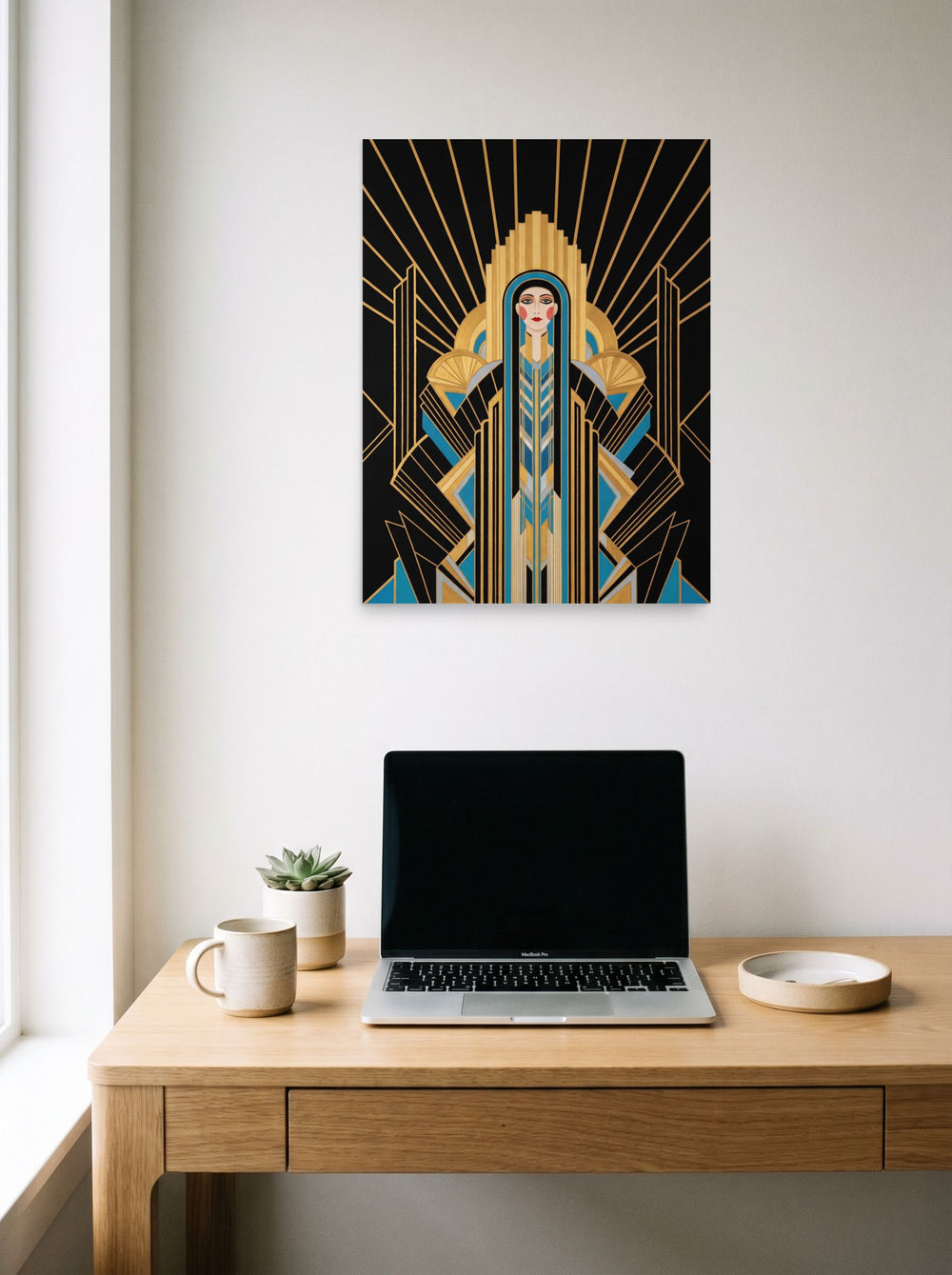 A 18x24 inch unframed paper Art Deco print of 'Deco Empress' hanging above a worktable with a laptop.