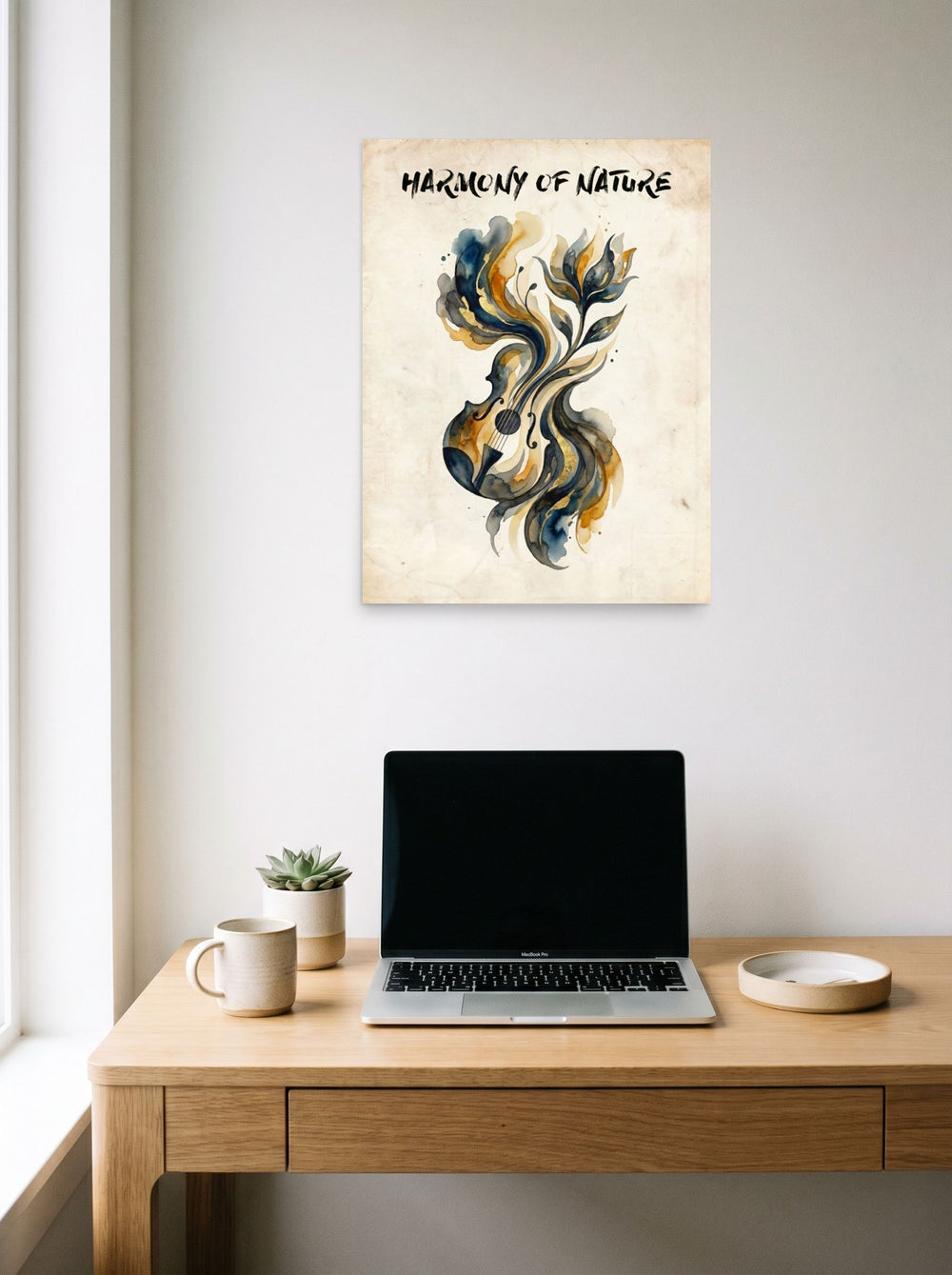 A 18x24 inch unframed paper Fine Art print of 'Harmony of Nature' hanging above a worktable with a laptop.