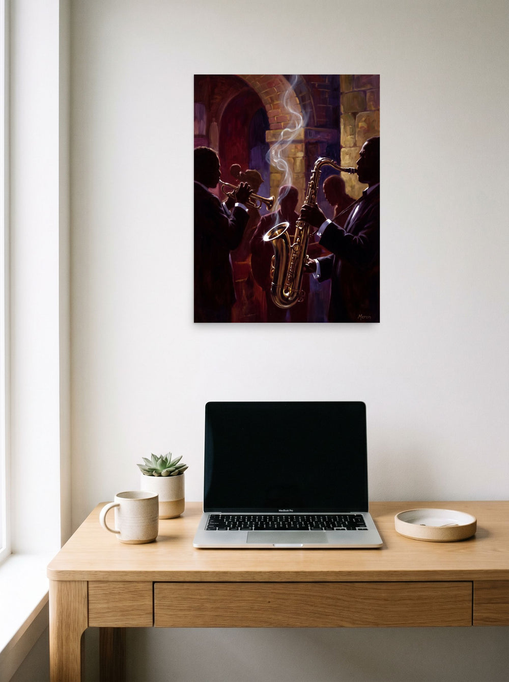 The unframed paper print 'Smoke and Brass' displayed over a compact desk setup, shown at 18x24 inch.