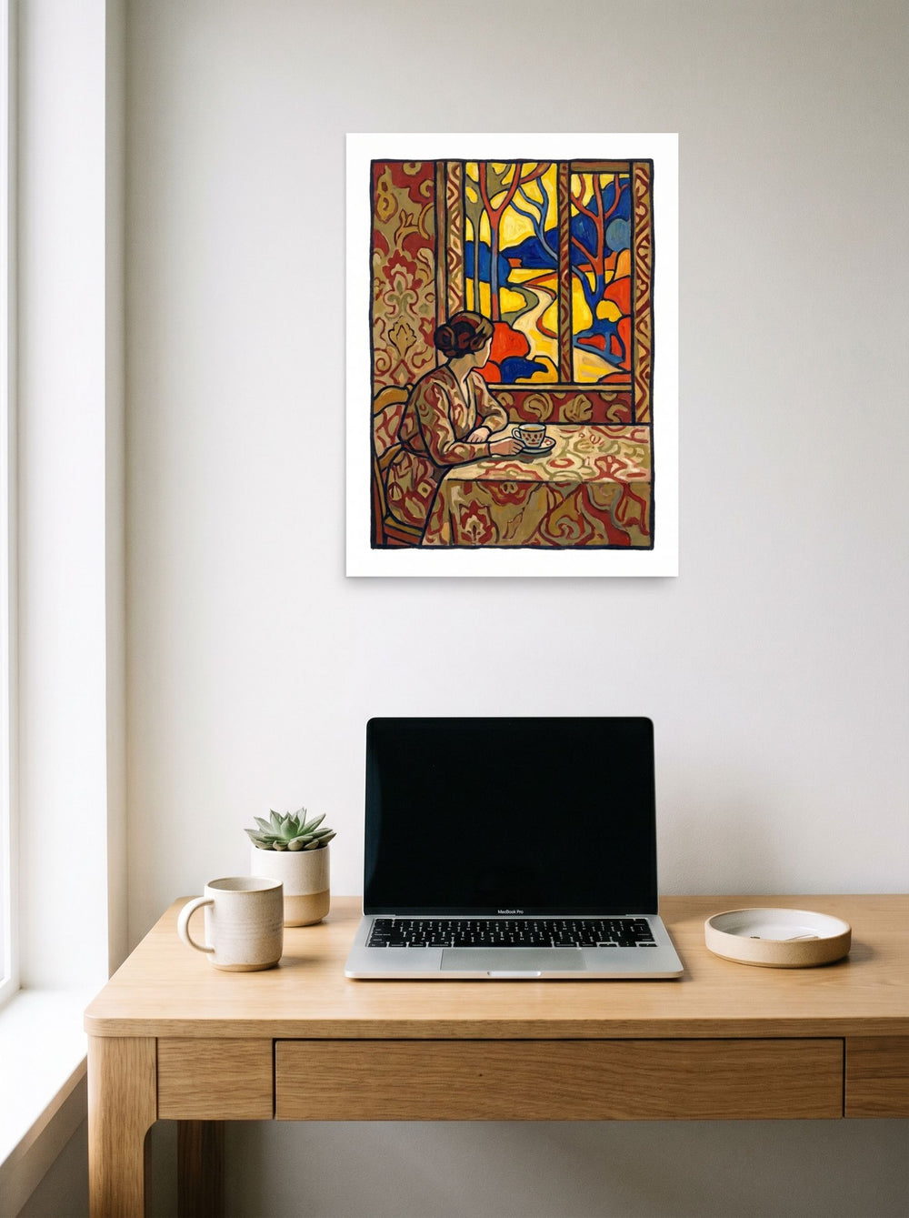 The unframed paper print 'Morning Window' styled above a home-office workspace, shown at 18x24 inch.