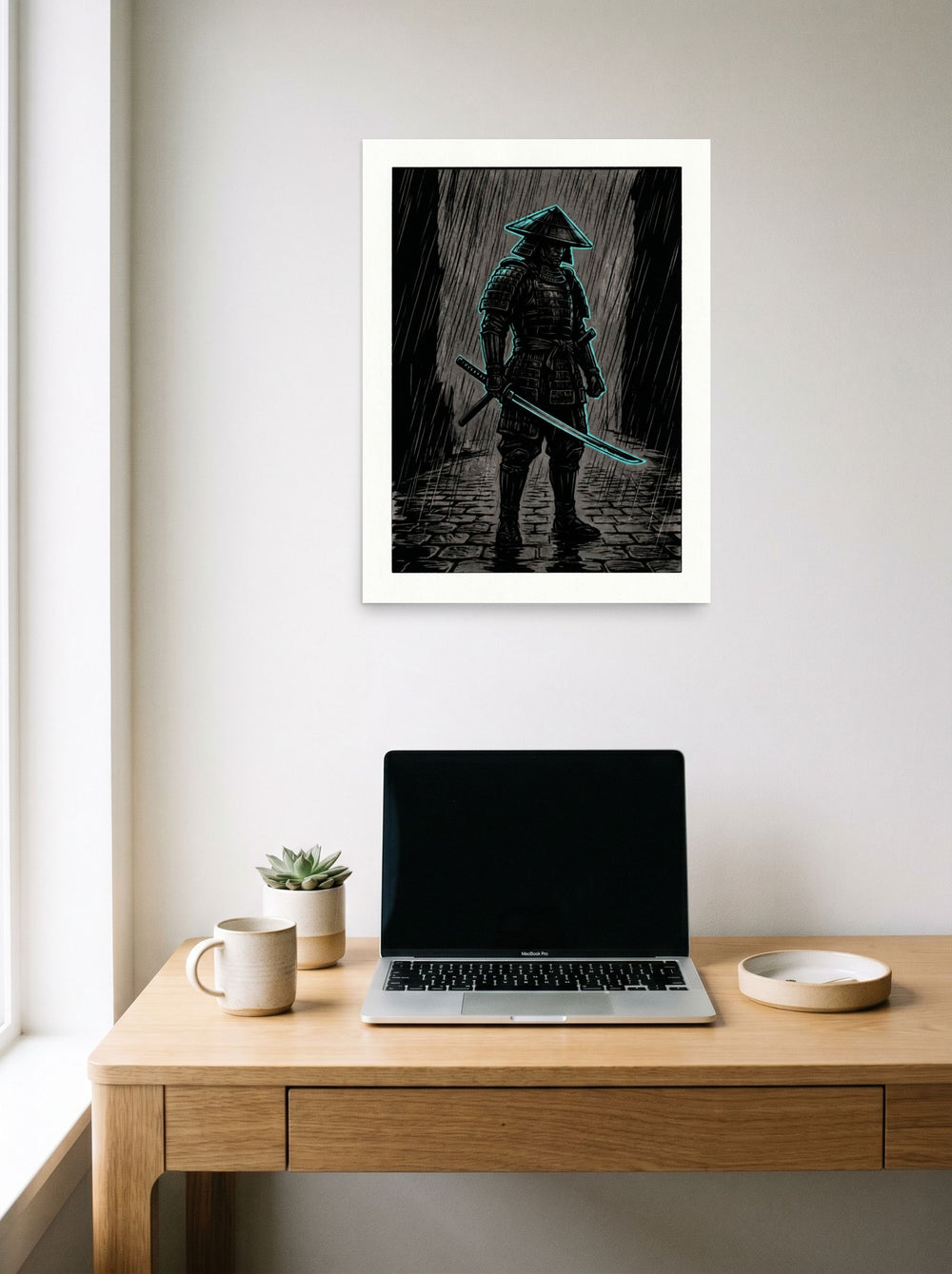 A 18x24 inch unframed paper Ukiyo-e,Retrofuturism print of 'Cyber Samurai in the Rain' hanging above a worktable with a laptop.