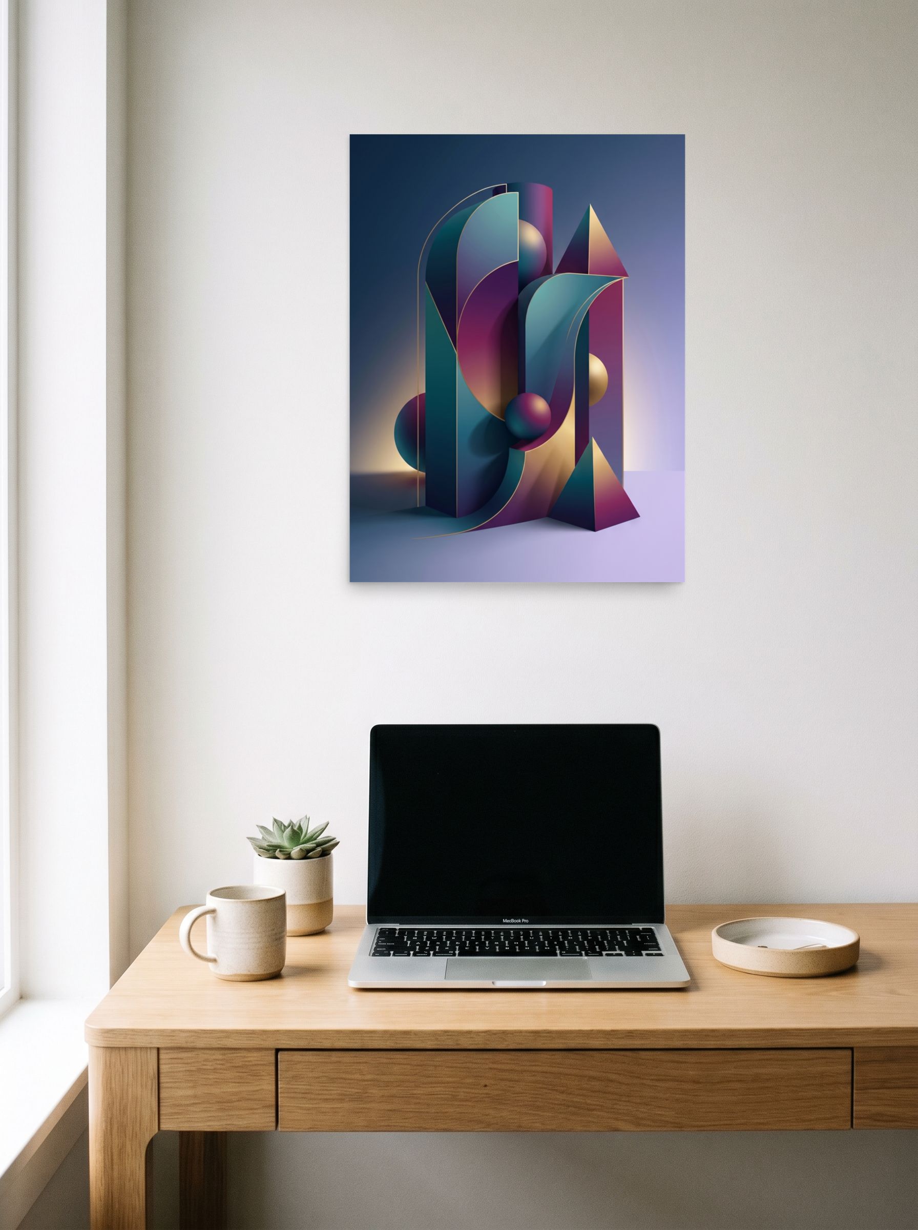 A 18x24 inch unframed paper Geometric abstract art print of 'Luminescent Geometry' hanging above a worktable with a laptop.