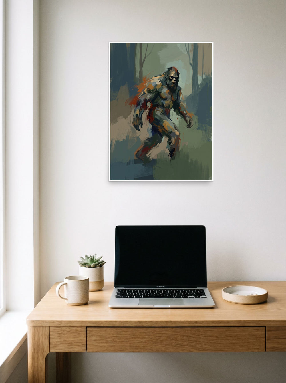 Mockup of 'Forest Wanderer' as a 18x24 inch unframed paper print, displayed over a compact desk setup.