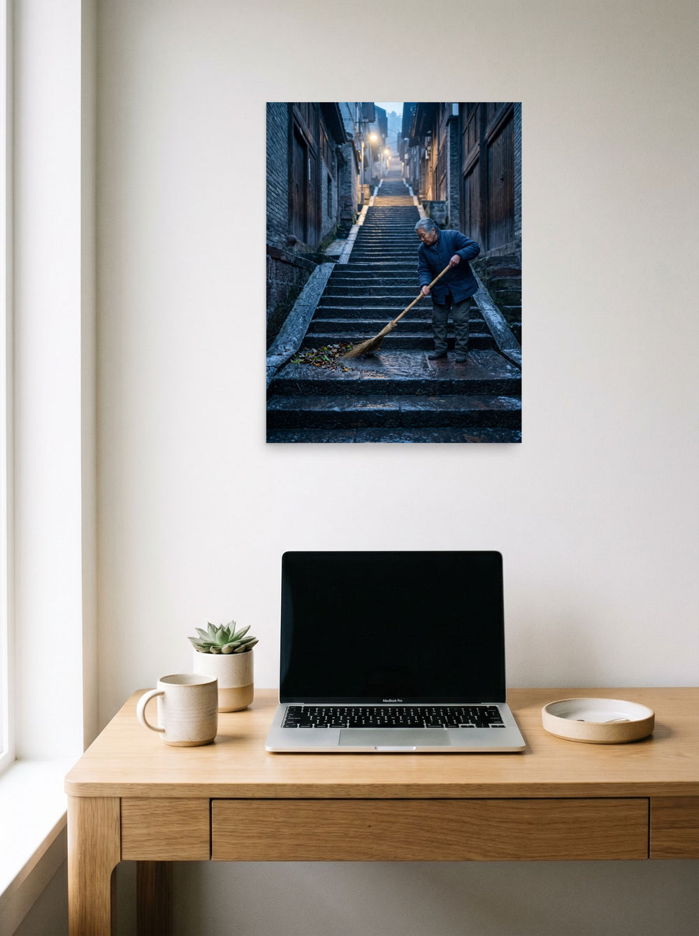 A unframed paper print of the Art photography artwork 'Dawn on the Steps', displayed over a compact desk setup.
