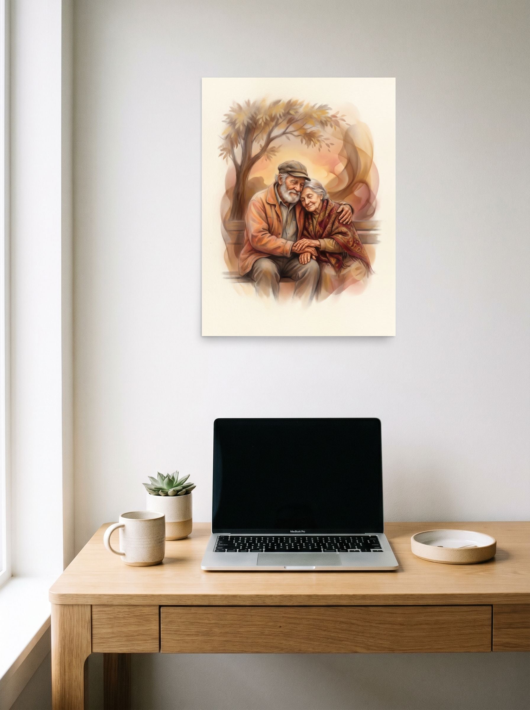 A 18x24 inch unframed paper Realism print of 'Autumn Affection' hanging above a worktable with a laptop.