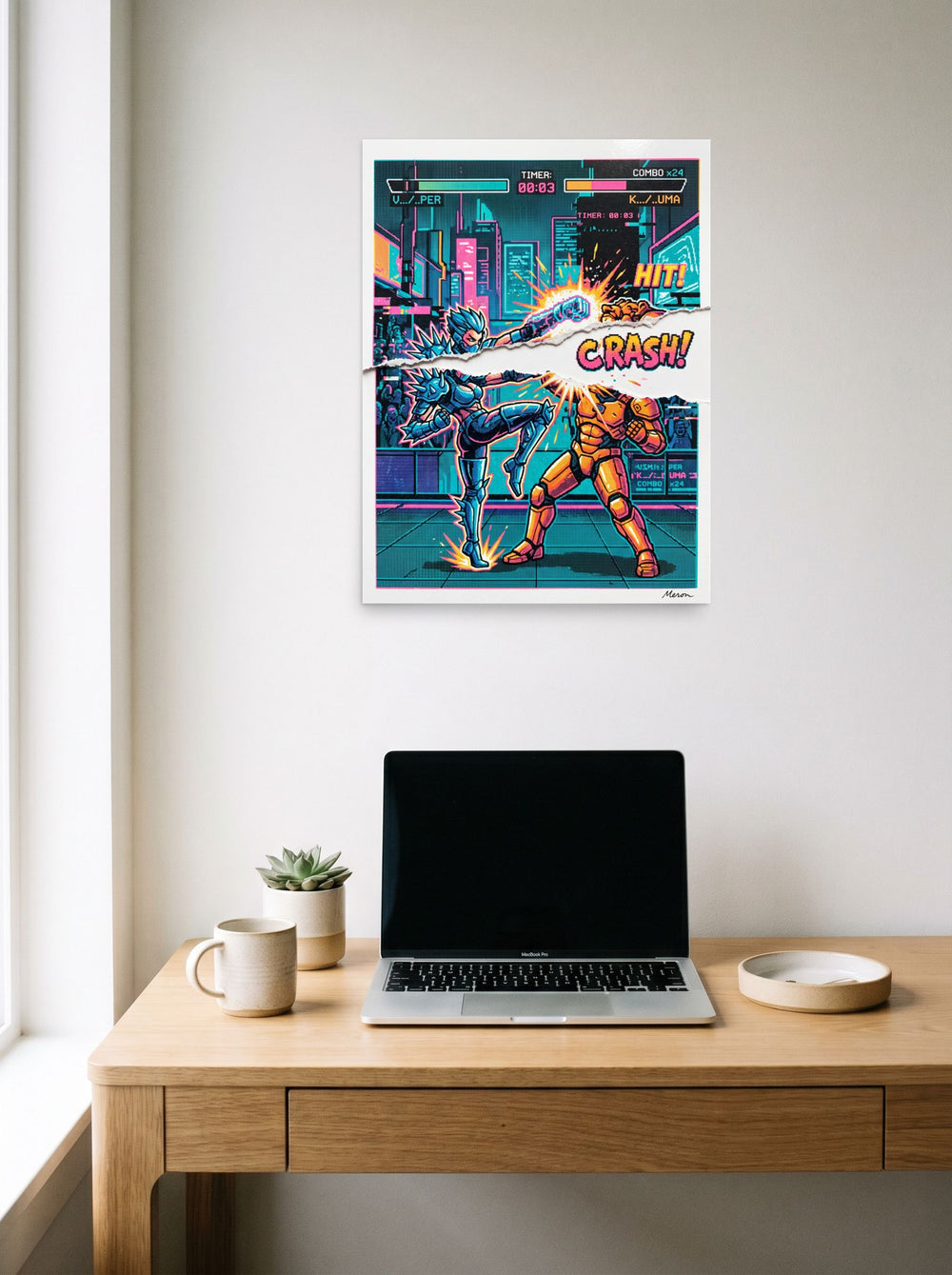 The Pixel art print 'Arcade Tearout: Final Combo', 18x24 inch unframed paper, hanging above a worktable with a laptop.