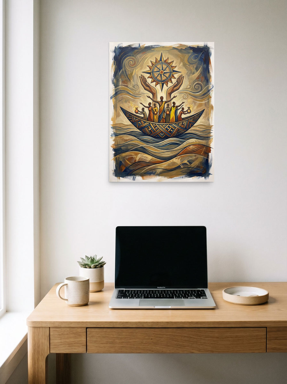 The unframed paper print 'Voyage of the Guiding Sun' styled above a home-office workspace, shown at 18x24 inch.
