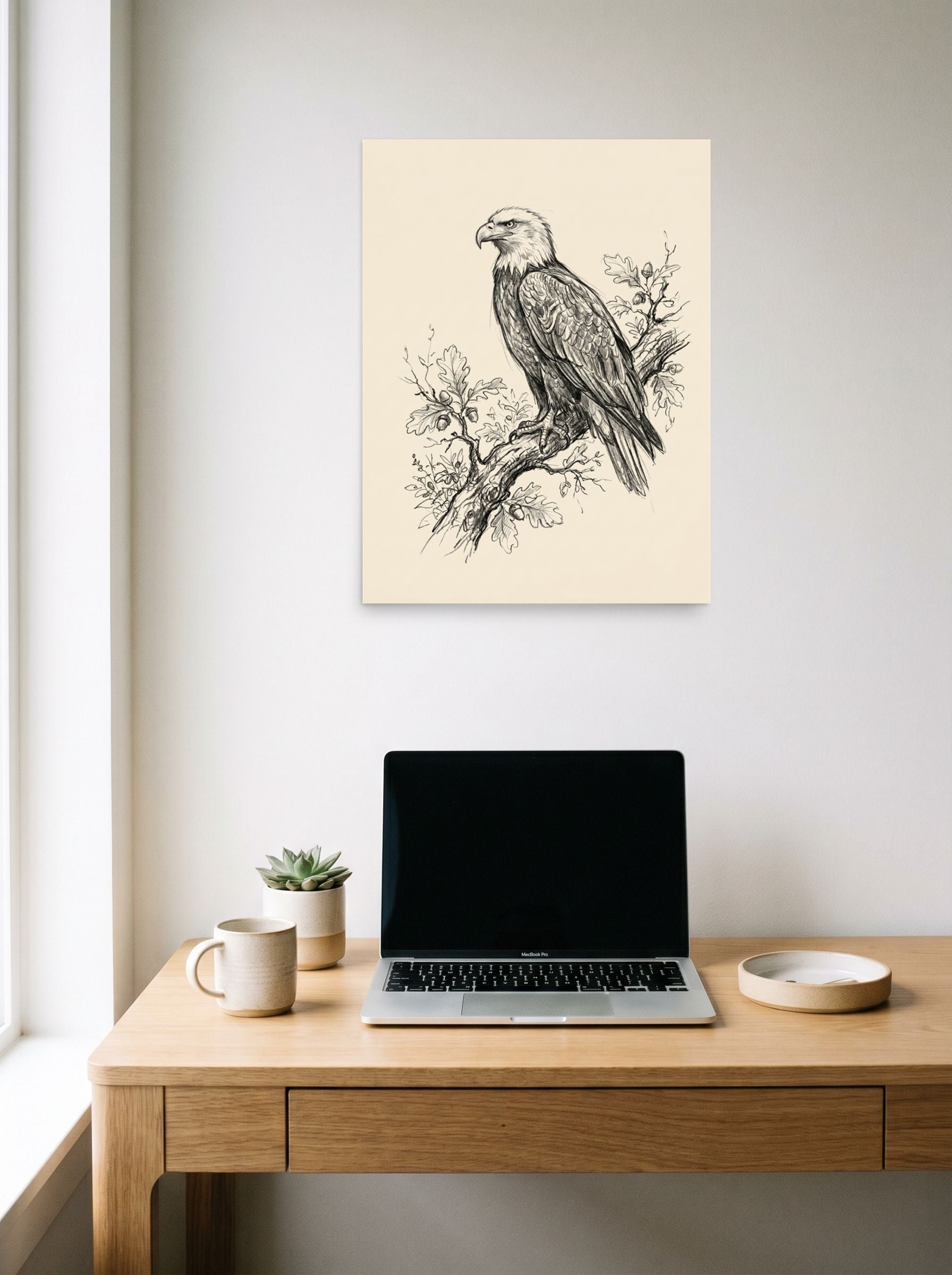 A 18x24 inch unframed paper Realism print of 'Eagle on Oak Branch Sketch' hanging above a worktable with a laptop.