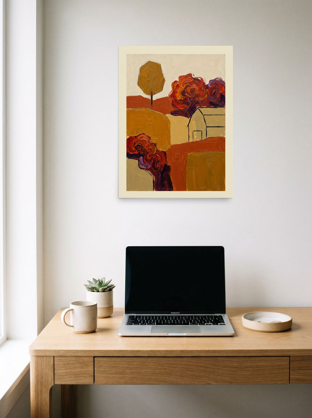 unframed paper wall art 'Abstract Autumn Farm' hanging above a worktable with a laptop, at 18x24 inch.