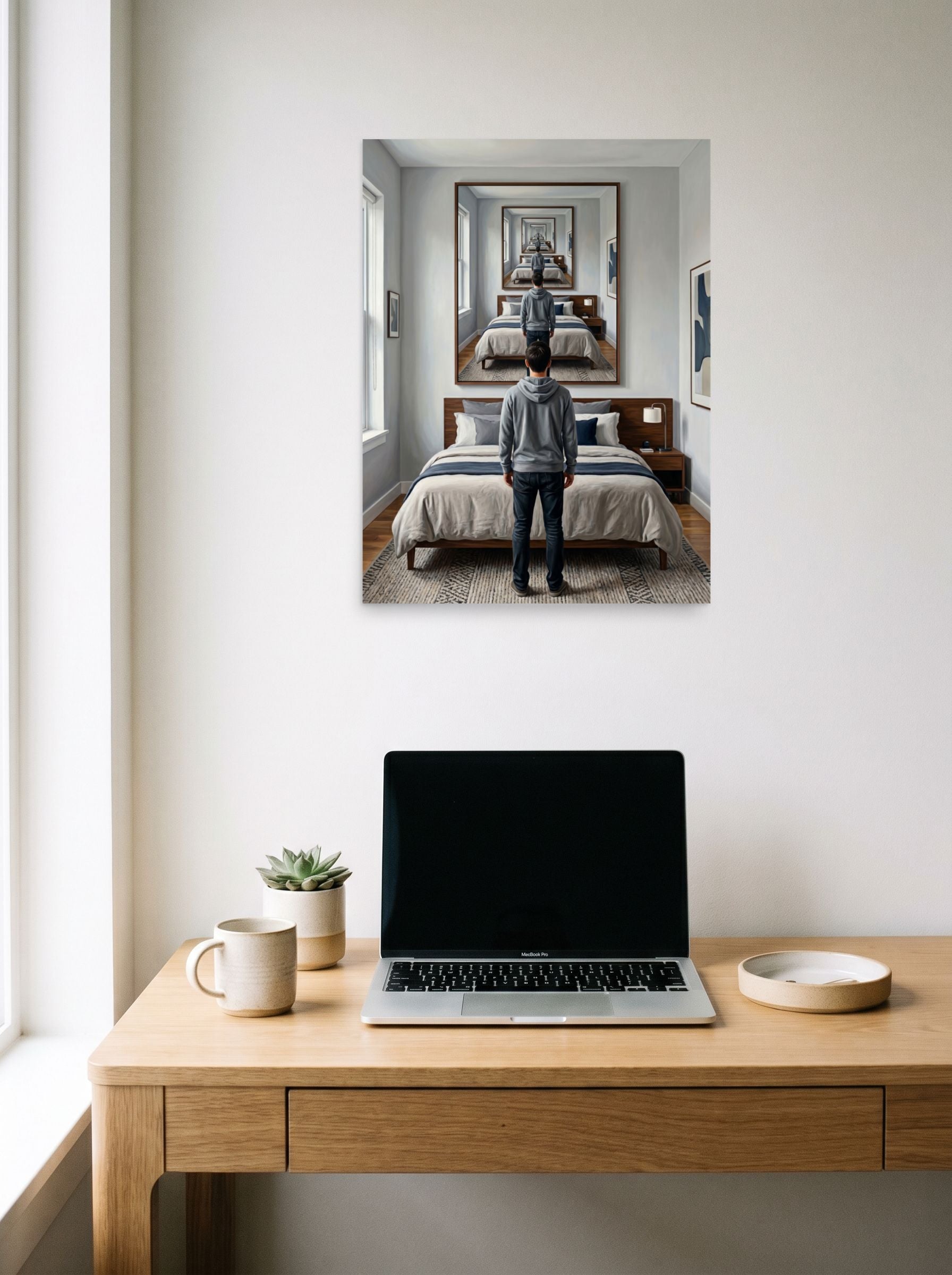 A 18x24 inch unframed paper Surrealism,Magic realism print of 'The Unending Echo' hanging above a worktable with a laptop.