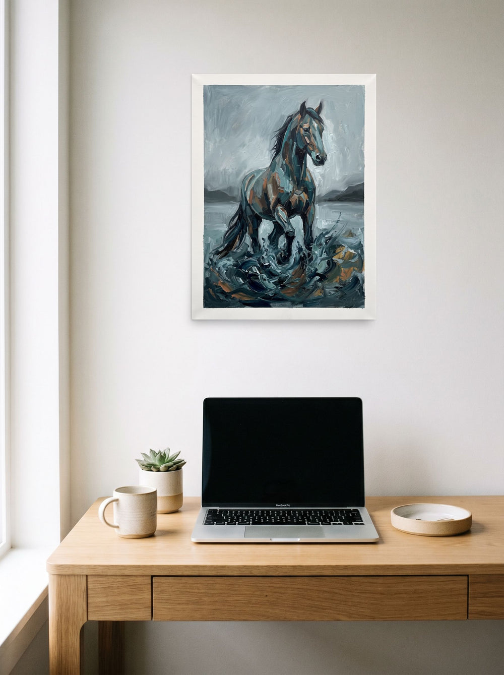 'The Water Horse' as a unframed paper print, 18x24 inch, styled above a home-office workspace.