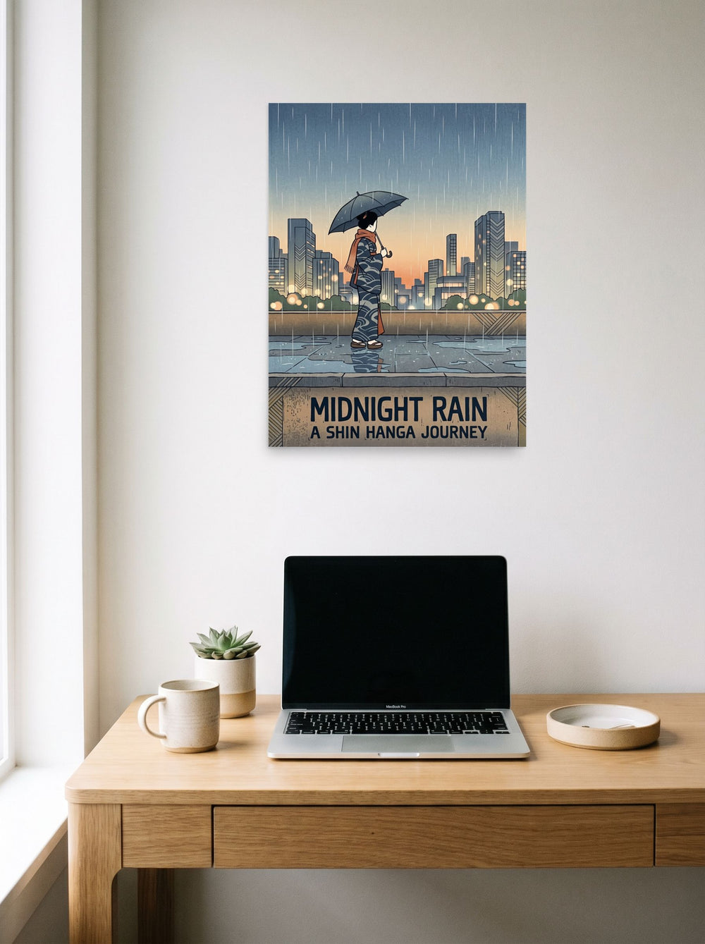 A 18x24 inch unframed paper Shin hanga print of 'Midnight Rain' hanging above a worktable with a laptop.