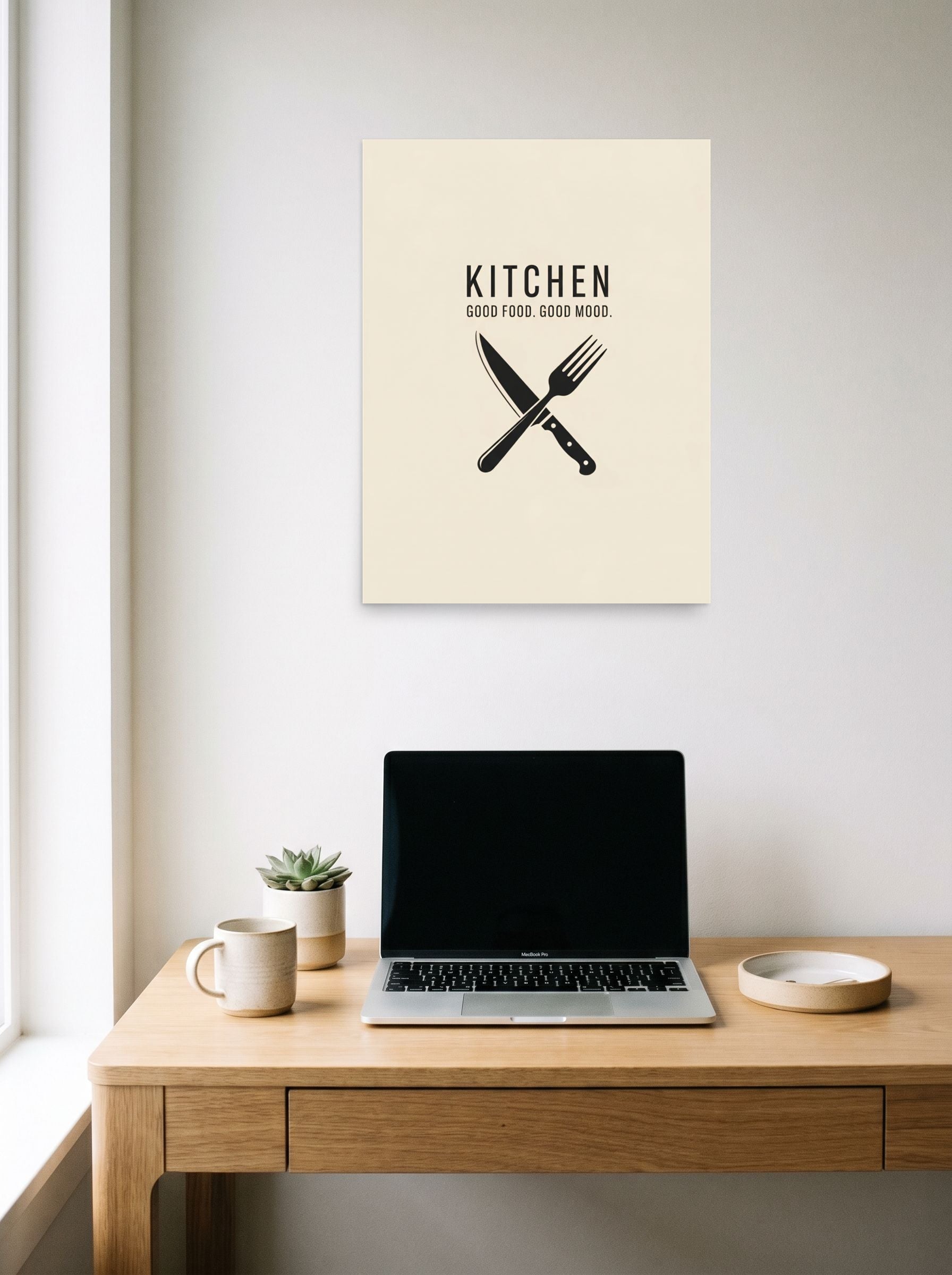 A 18x24 inch unframed paper Minimalism,Digital art print of 'Culinary Moods' hanging above a worktable with a laptop.