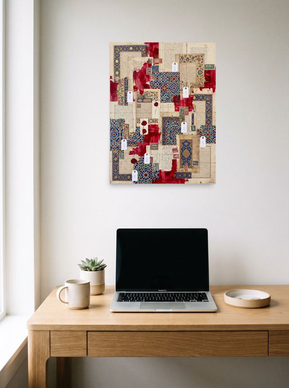 Mockup of 'Silk Road Archives' as a 18x24 inch unframed paper print, displayed over a compact desk setup.