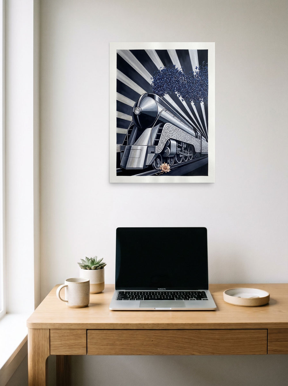 A 18x24 inch unframed paper Art Deco,Surrealism print of 'The Aviary Express' hanging above a worktable with a laptop.