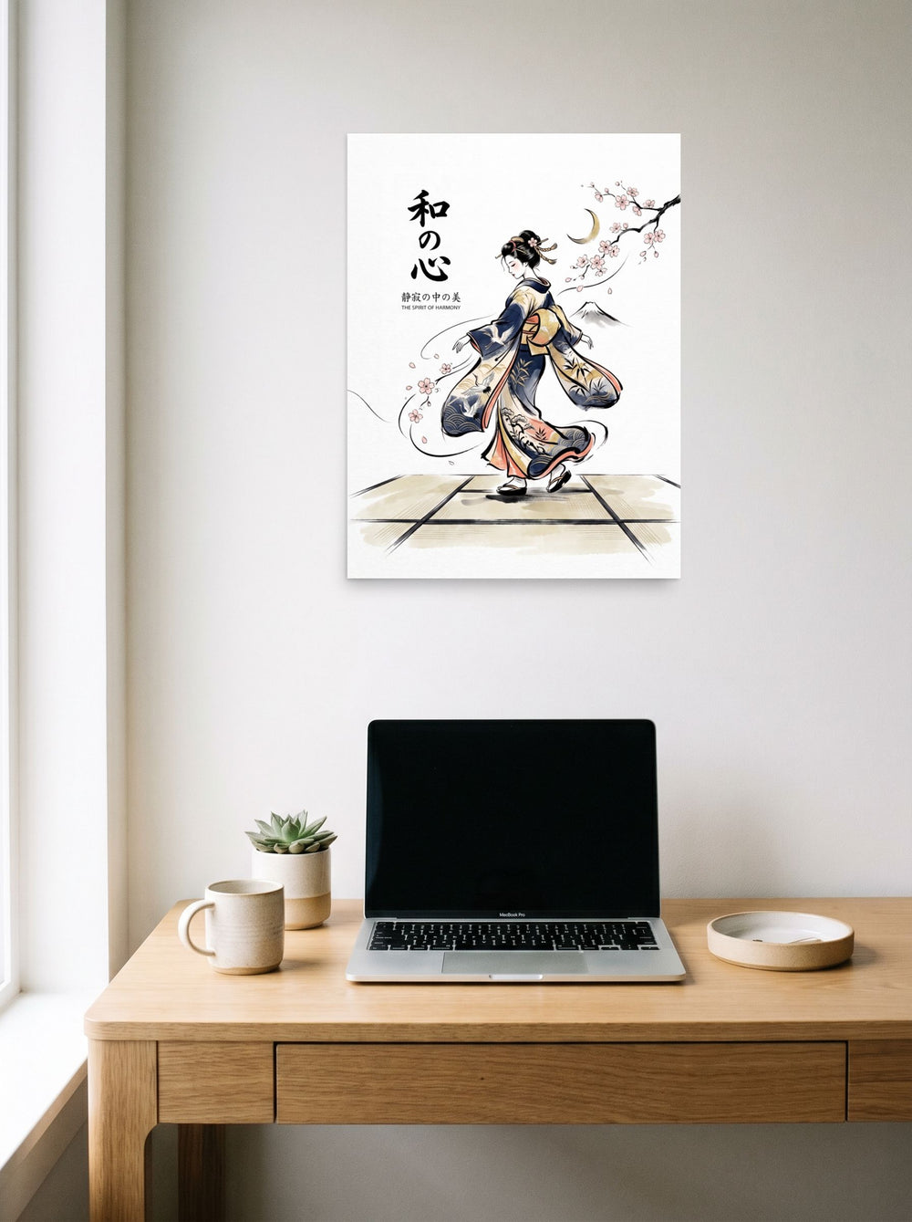 'Spirit of Harmony' displayed over a compact desk setup. A 18x24 inch unframed paper Shin hanga print.