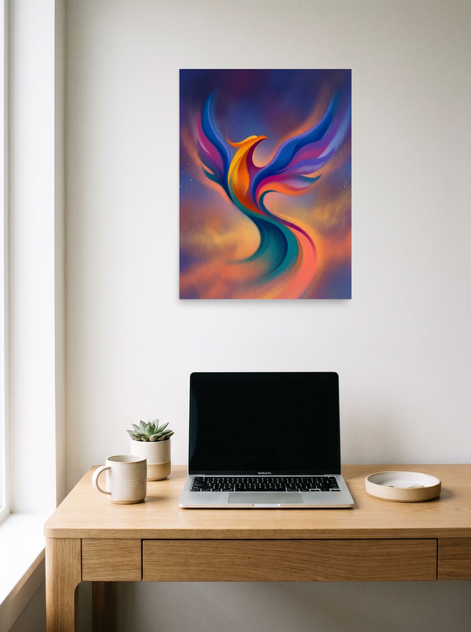 A 18x24 inch unframed paper Abstract art print of 'Flight of Rebirth' hanging above a worktable with a laptop.