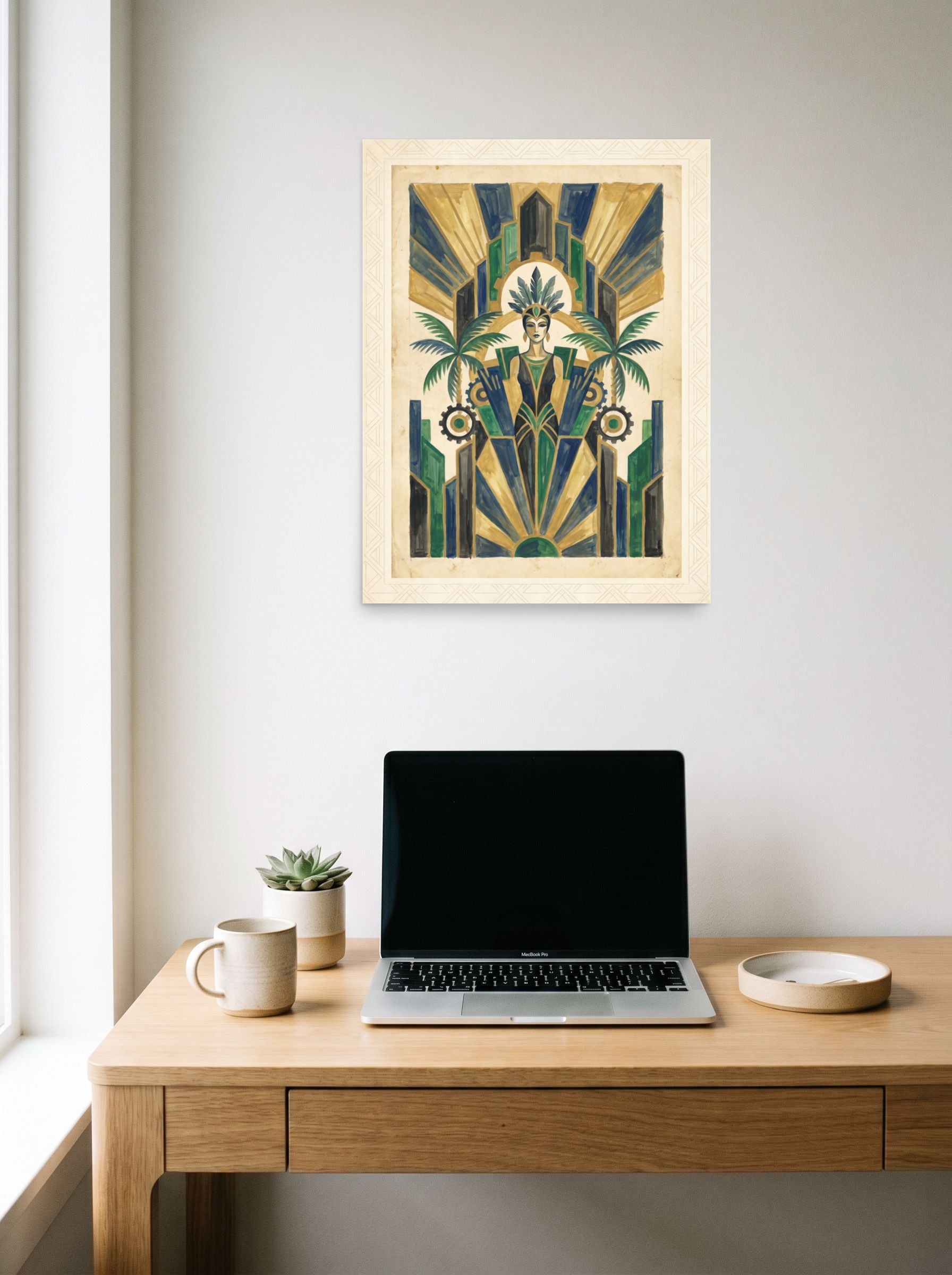 A 18x24 inch unframed paper Art Deco print of 'The Deco Oasis' hanging above a worktable with a laptop.