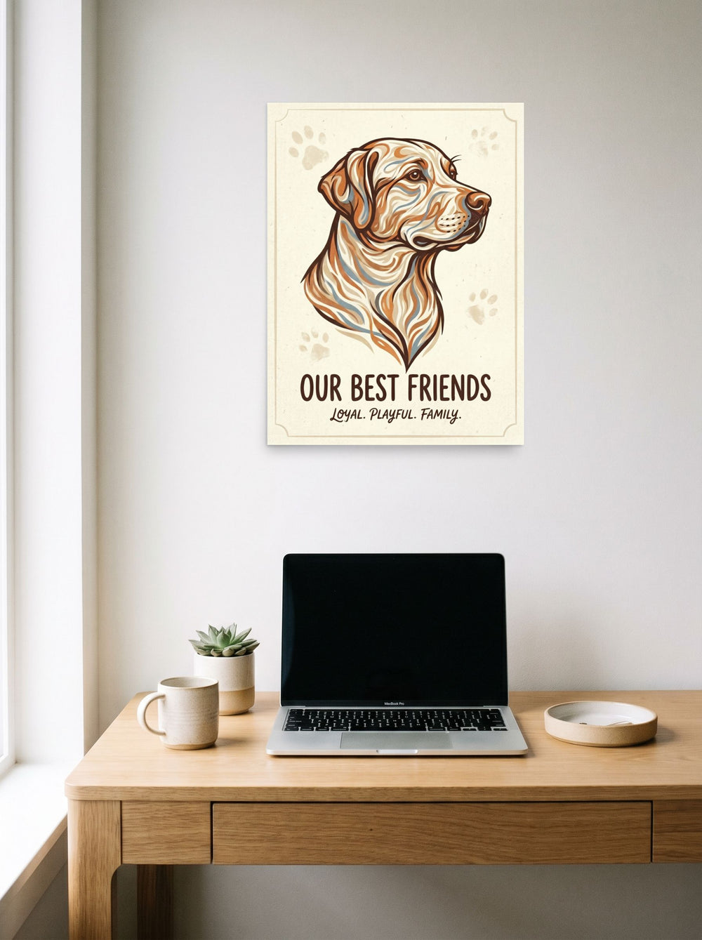 A 18x24 inch unframed paper Digital art,Modernism print of 'Loyal Companion' hanging above a worktable with a laptop.