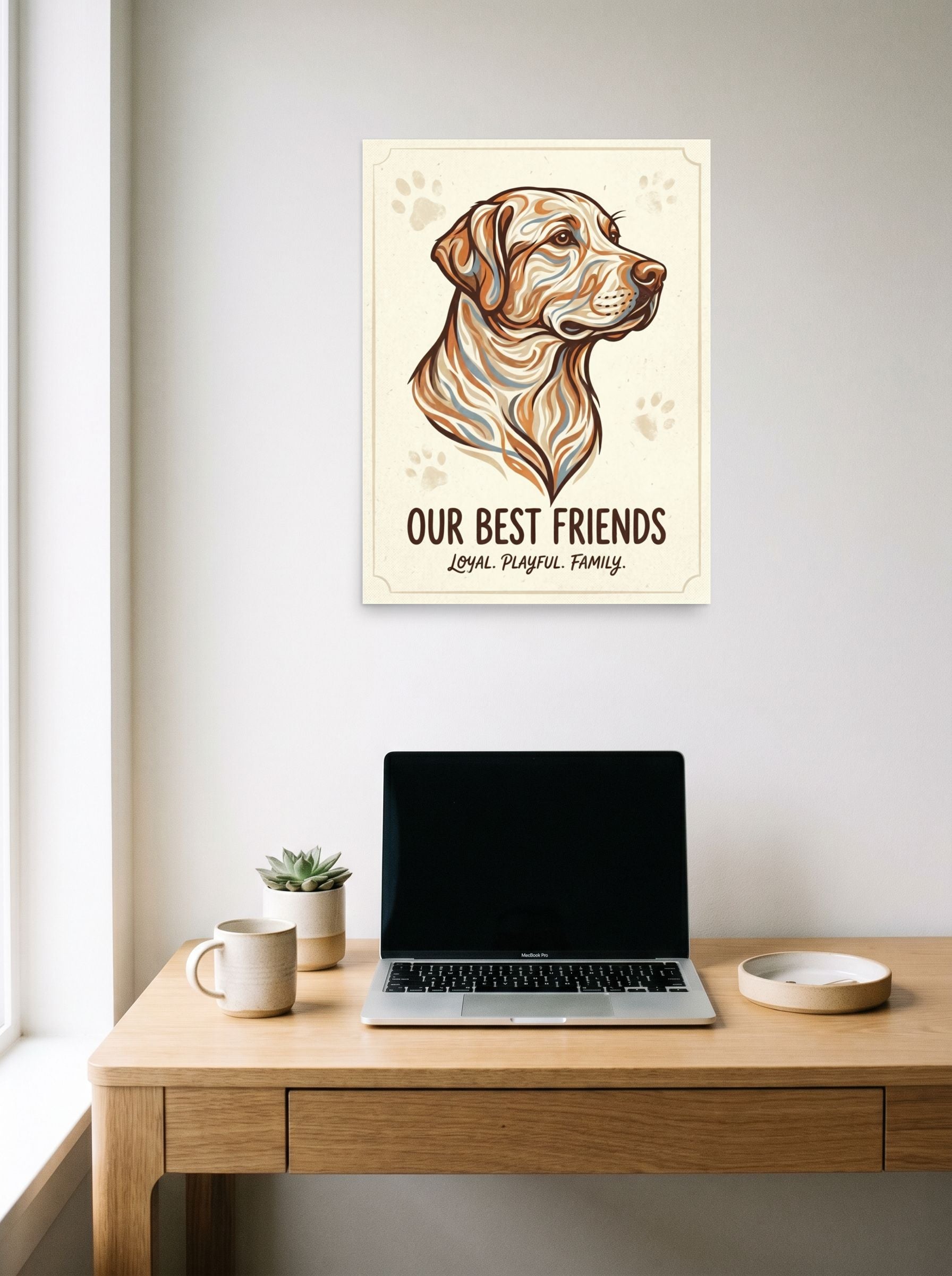 A 18x24 inch unframed paper Digital art,Modernism print of 'Loyal Companion' hanging above a worktable with a laptop.