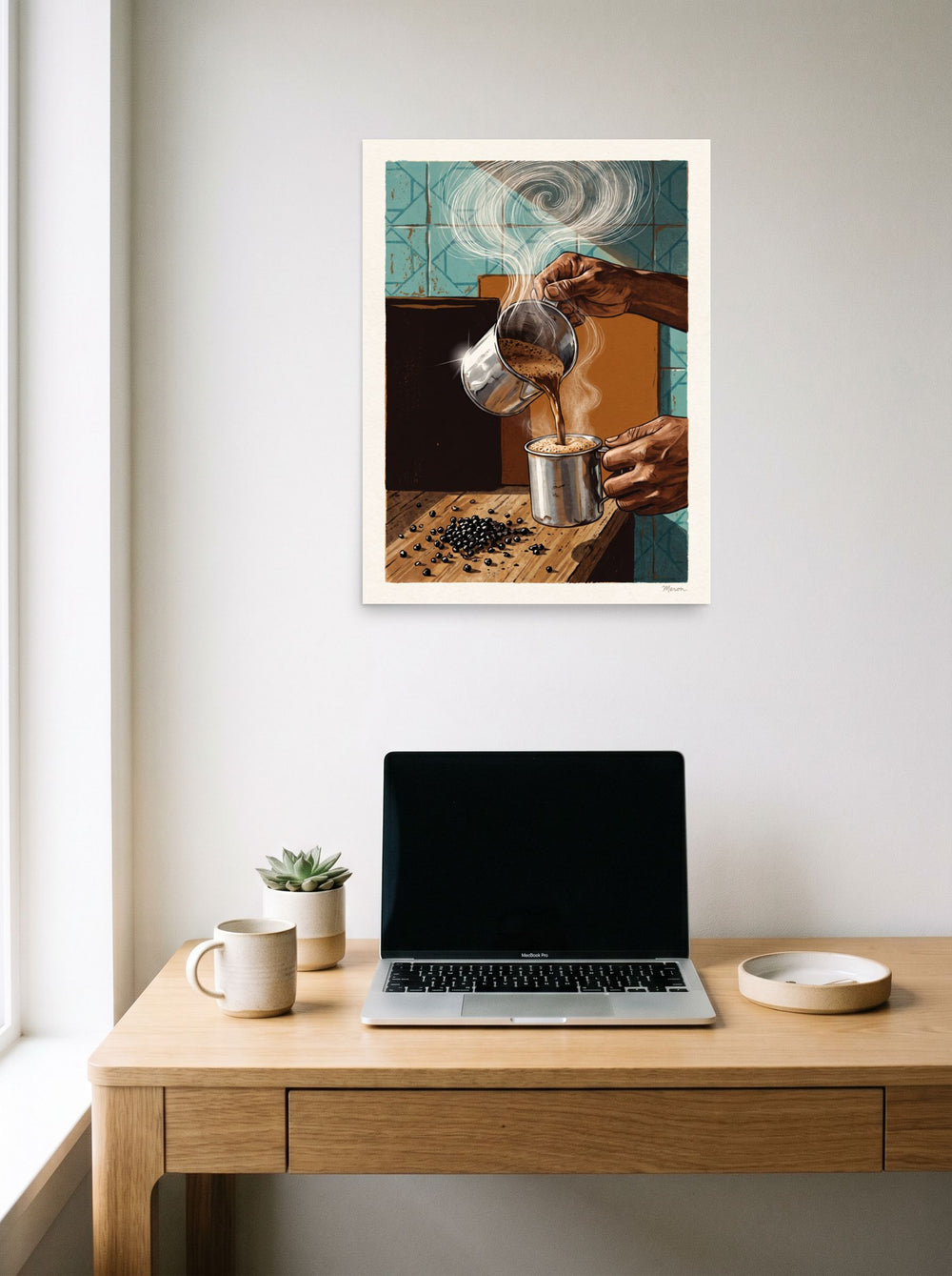 Realism wall art 'The Artisan's Brew', unframed paper at 18x24 inch, displayed over a compact desk setup.