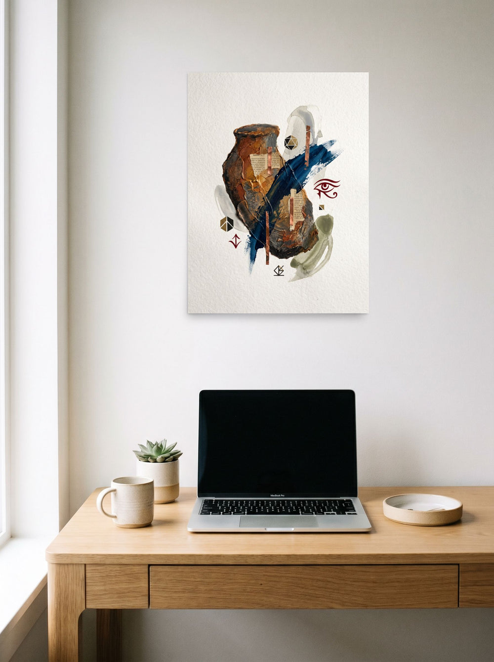 'Relics of the Mystic' as a unframed paper print, 18x24 inch, displayed over a compact desk setup.