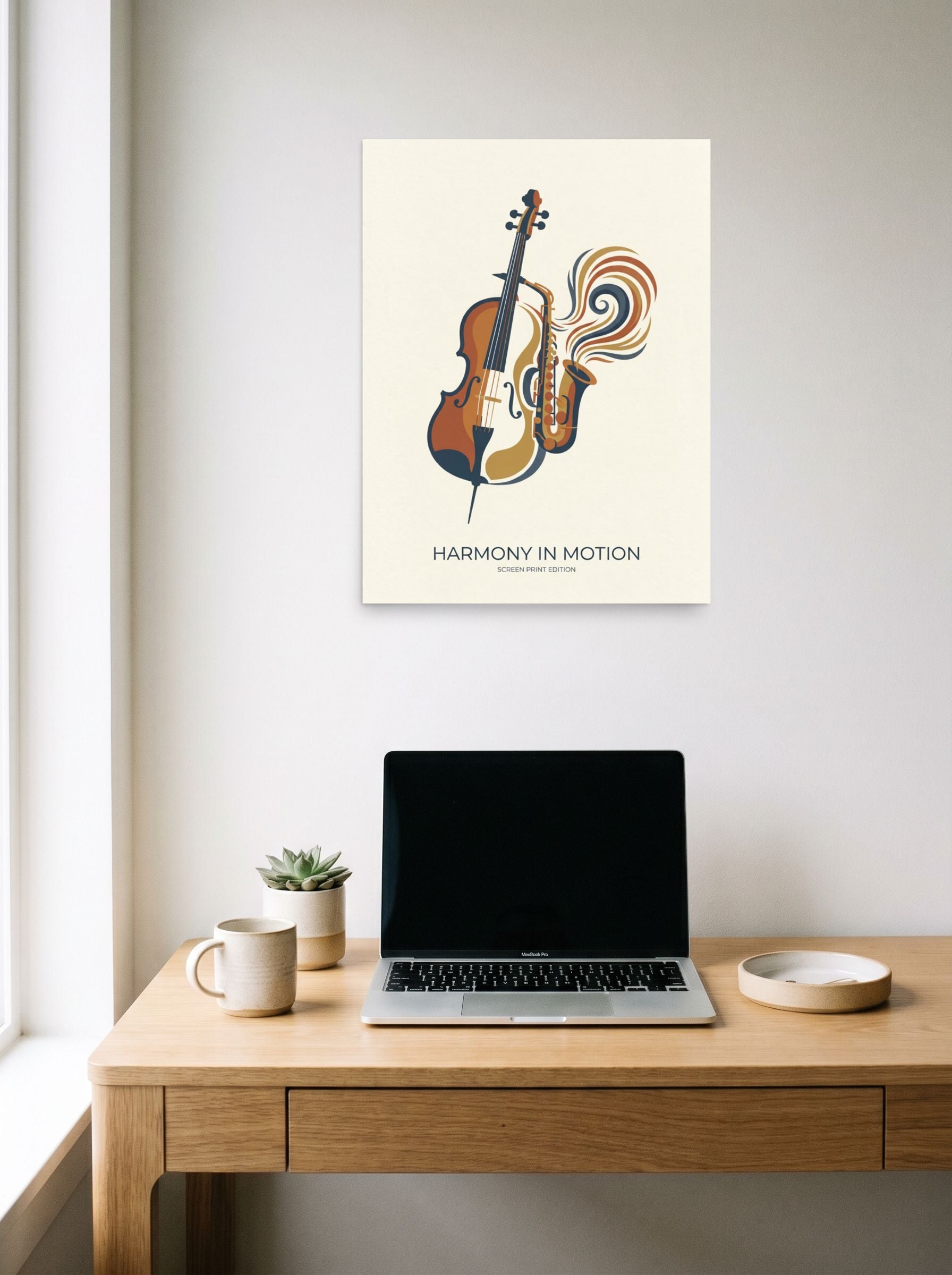 A 18x24 inch unframed paper Modernism print of 'Rhythm and Strings' hanging above a worktable with a laptop.