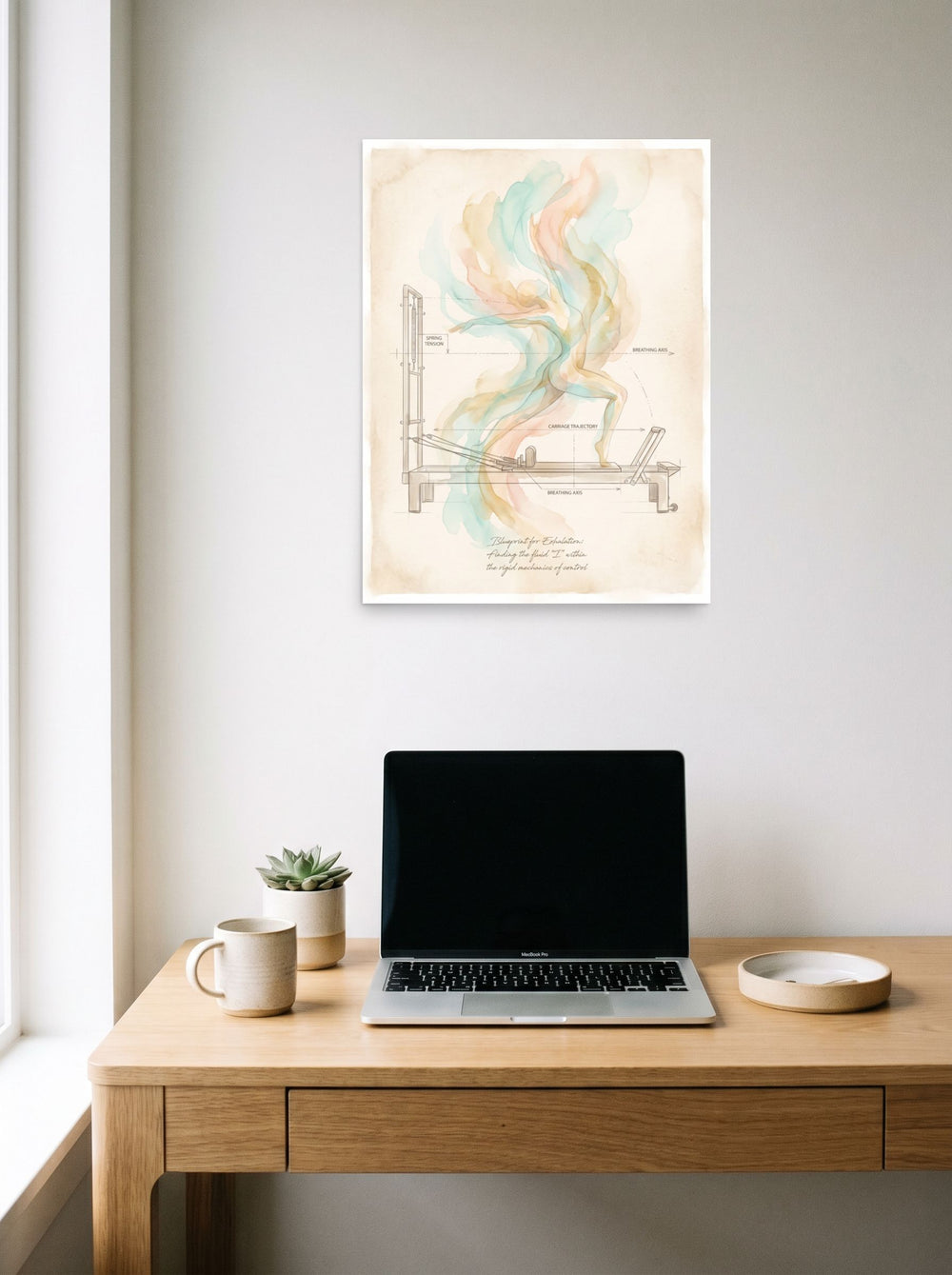 The Lyco art print 'Blueprint for Exhalation', 18x24 inch unframed paper, displayed over a compact desk setup.