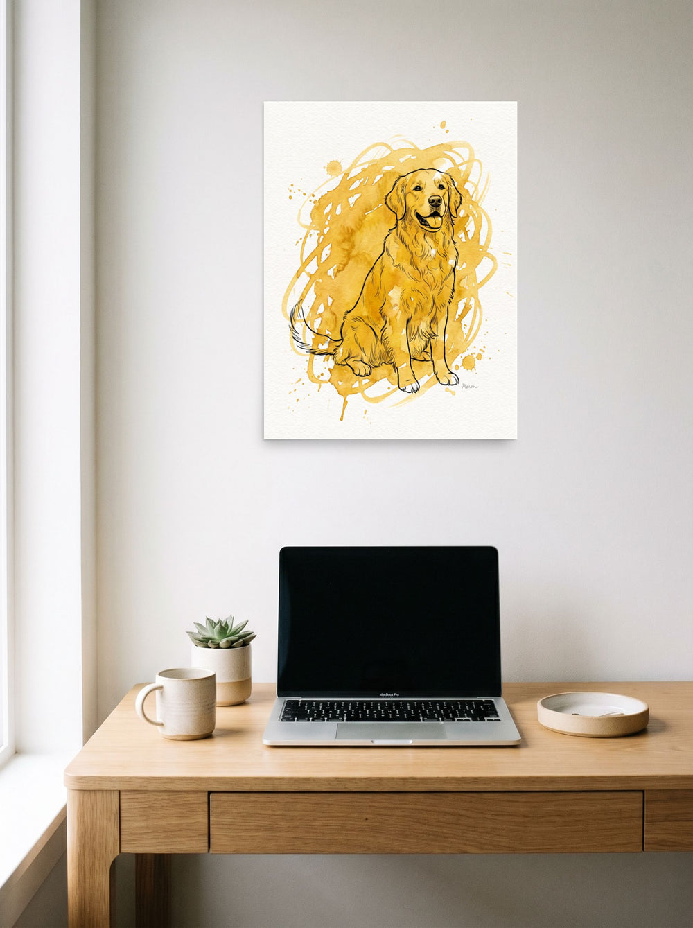 'Golden Companion' as a unframed paper print, 18x24 inch, hanging above a worktable with a laptop.