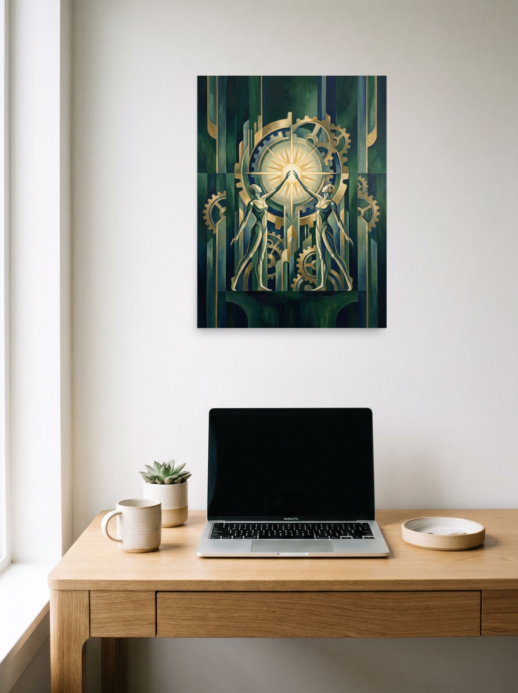 A 18x24 inch unframed paper Art Deco print of 'The Mechanical Dawn' hanging above a worktable with a laptop.