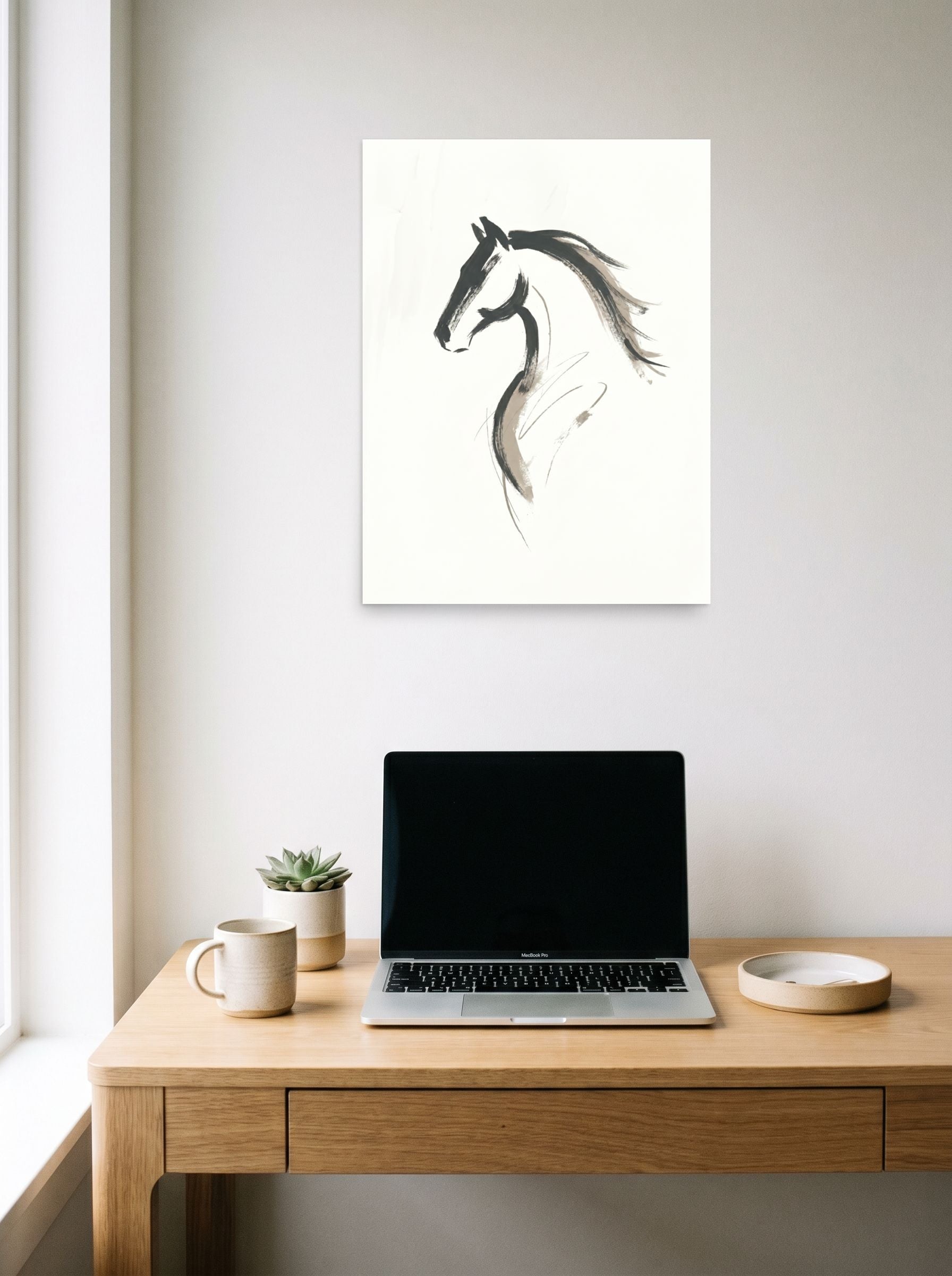 A 18x24 inch unframed paper Minimalism print of 'Equine Spirit' hanging above a worktable with a laptop.