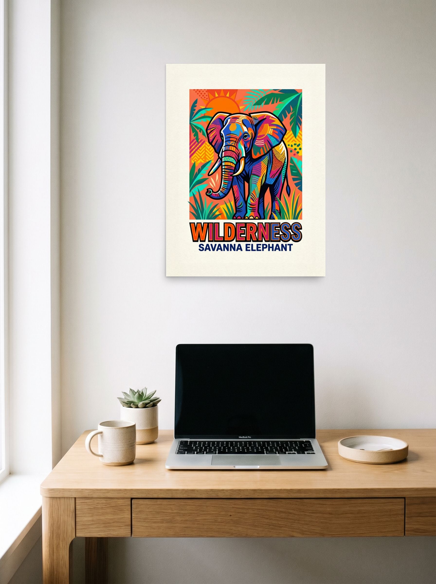 A 18x24 inch unframed paper Pop art print of 'Savanna Elephant Wilderness' hanging above a worktable with a laptop.