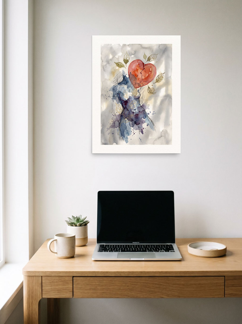 A 18x24 inch unframed paper Symbolism print of 'Fractured Bloom', styled above a home-office workspace.