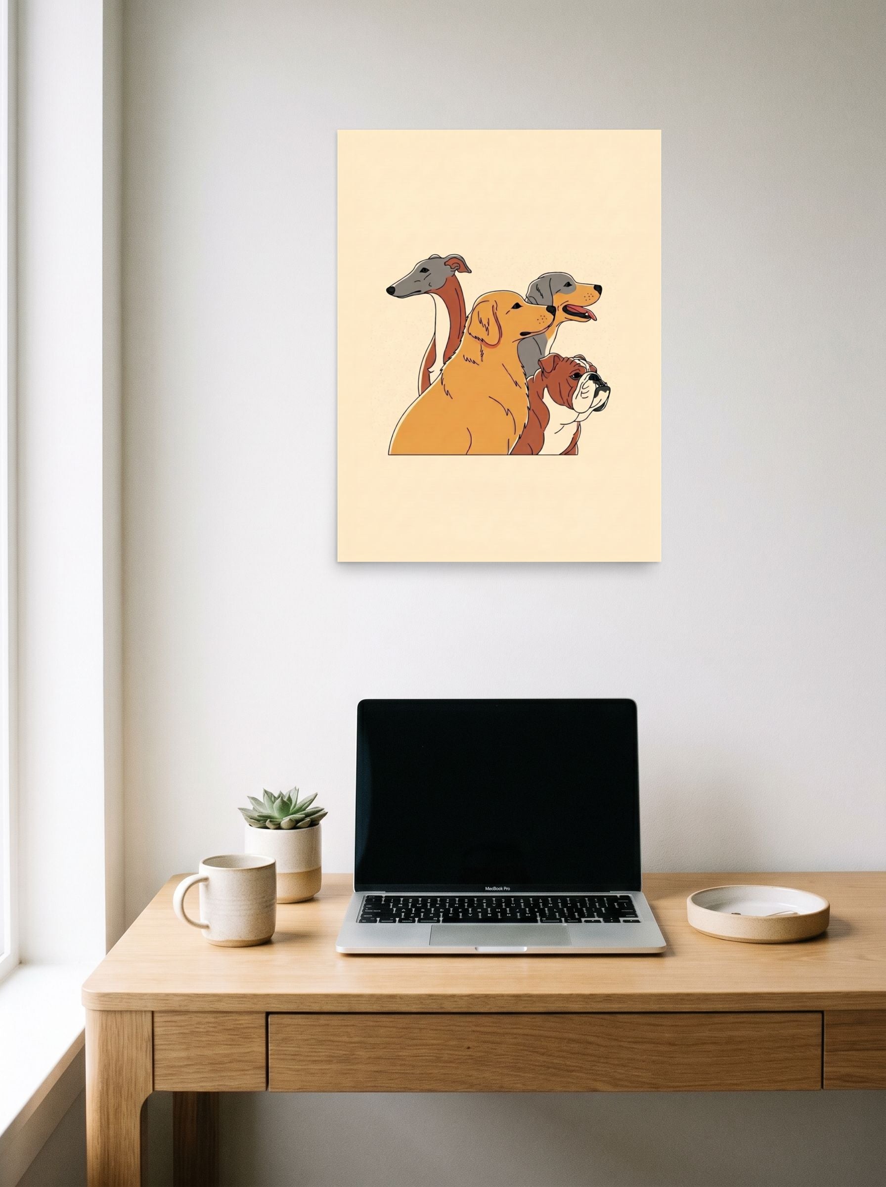 A 18x24 inch unframed paper Digital art,Pop art print of 'The Canine Trio' hanging above a worktable with a laptop.