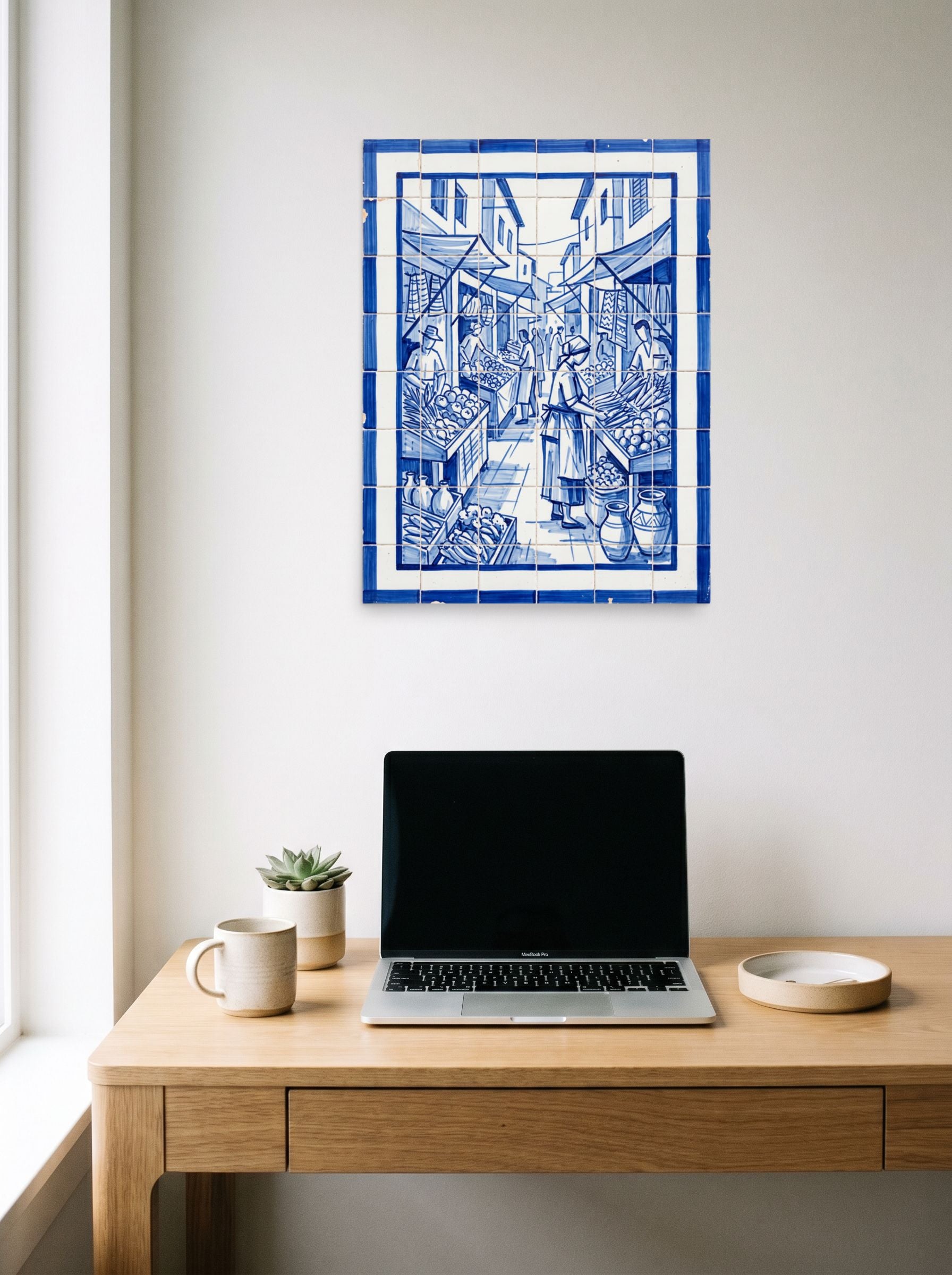 A 18x24 inch unframed paper Realism print of 'The Market Square' hanging above a worktable with a laptop.