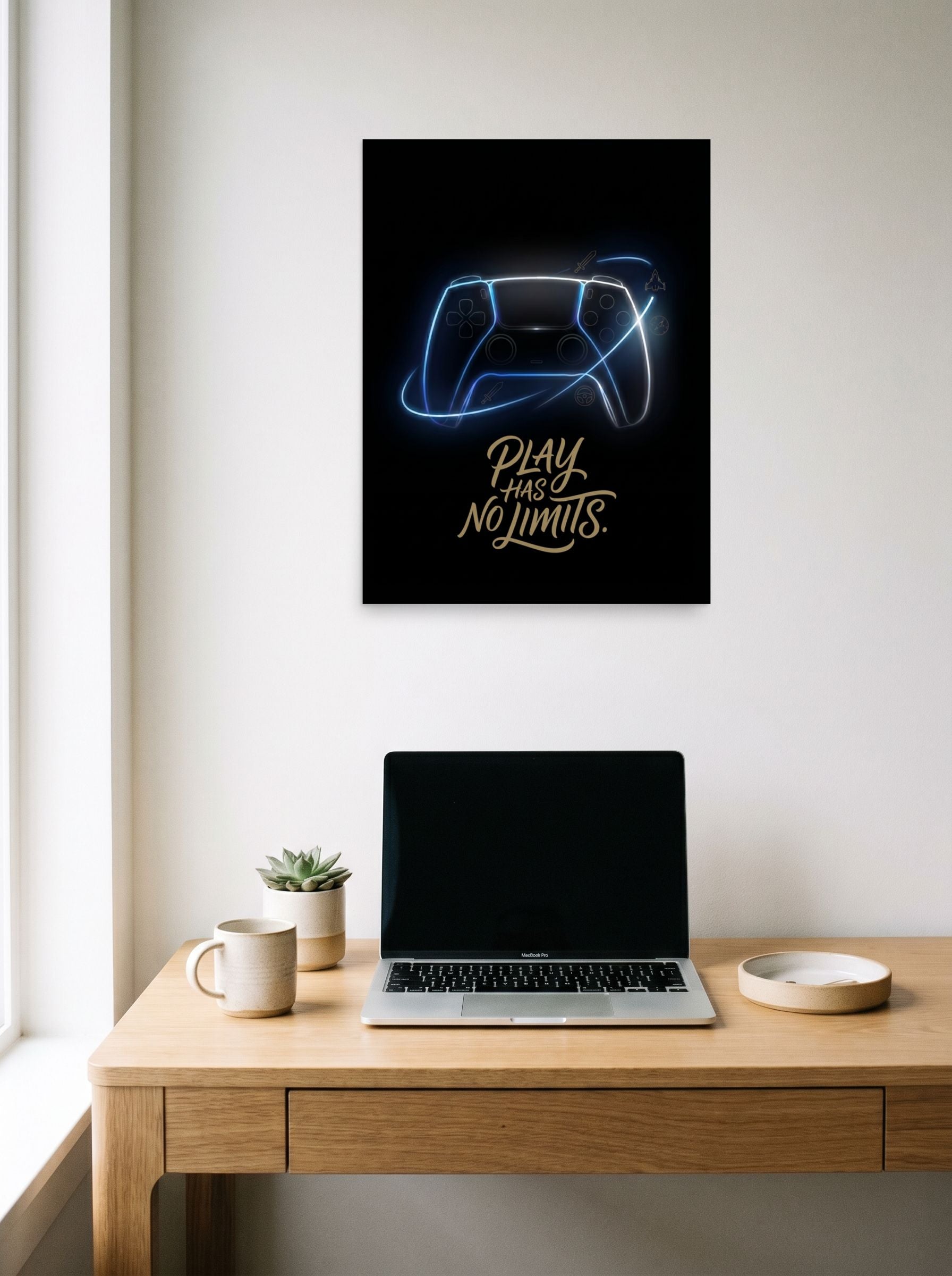 A 18x24 inch unframed paper Digital art,Pop art print of 'No Limits' hanging above a worktable with a laptop.