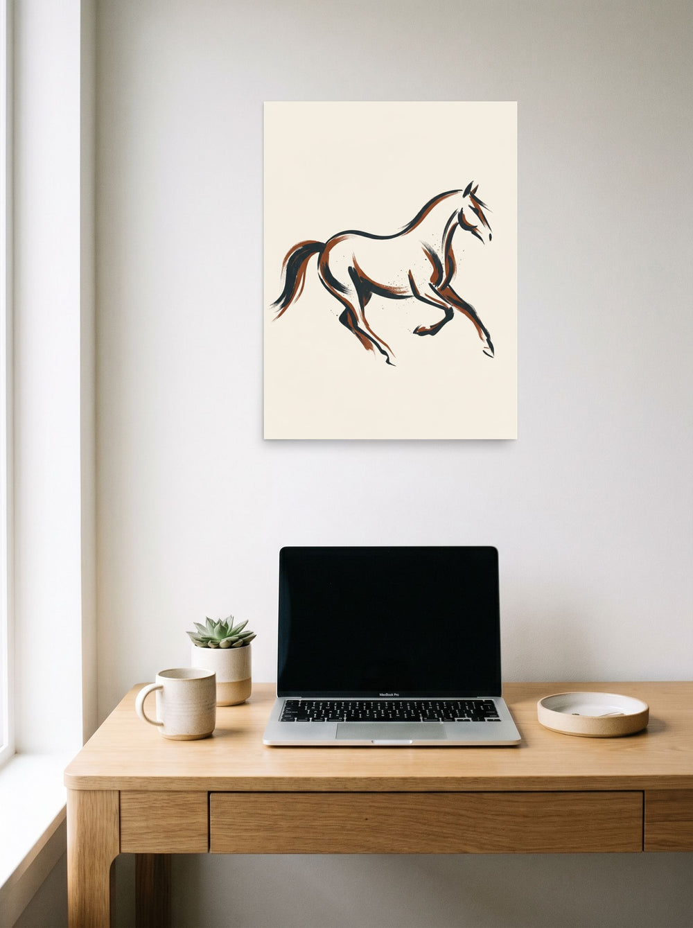 A 18x24 inch unframed paper Minimalism print of 'Fluid Motion' hanging above a worktable with a laptop.