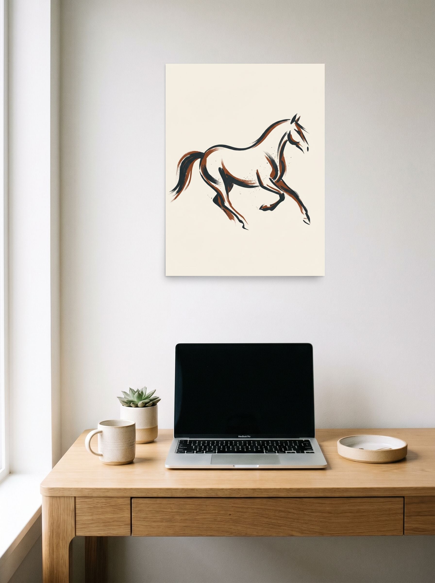 A 18x24 inch unframed paper Minimalism print of 'Fluid Motion' hanging above a worktable with a laptop.