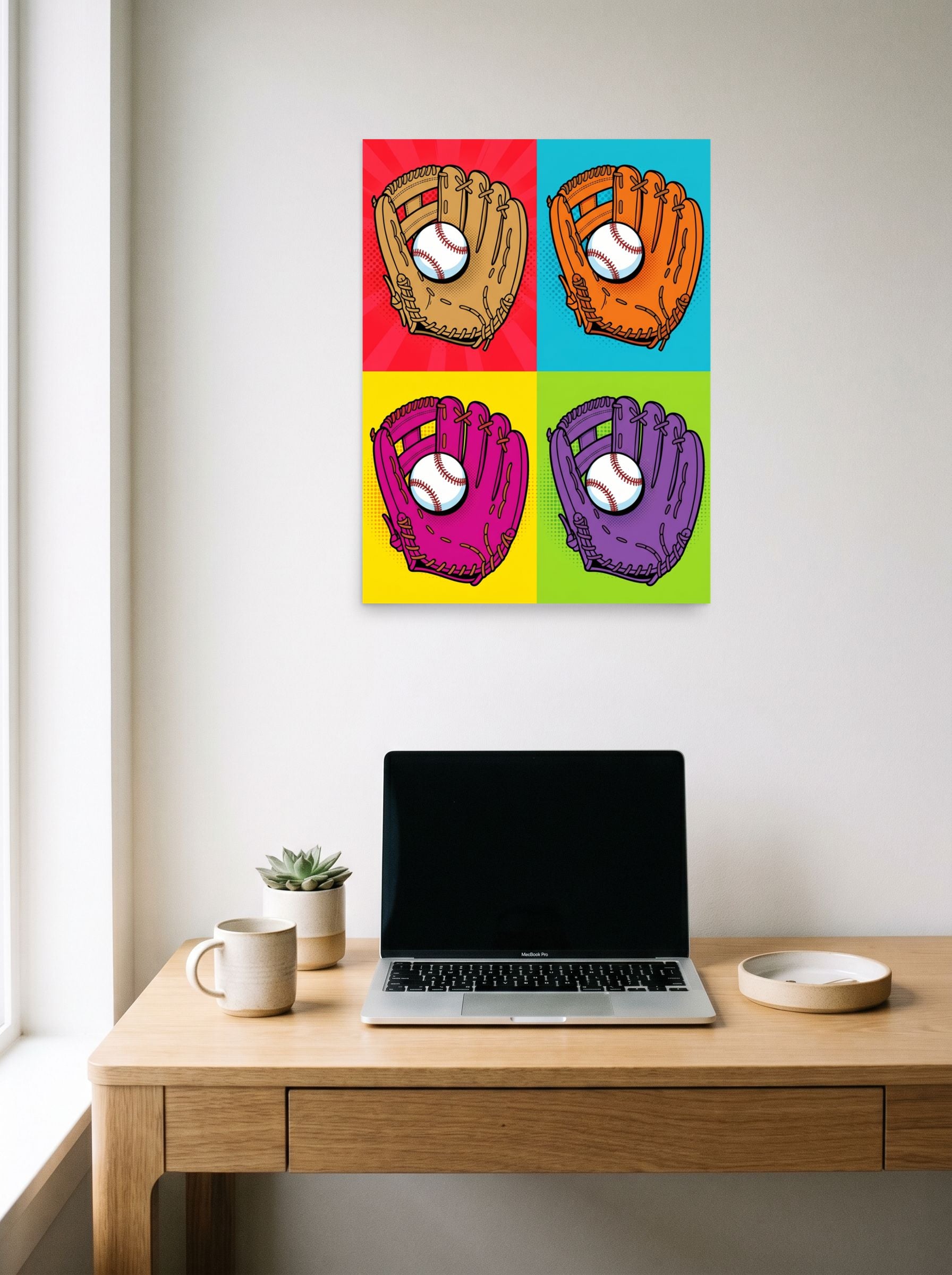 A 18x24 inch unframed paper Pop art print of 'Four Seam Pop' hanging above a worktable with a laptop.