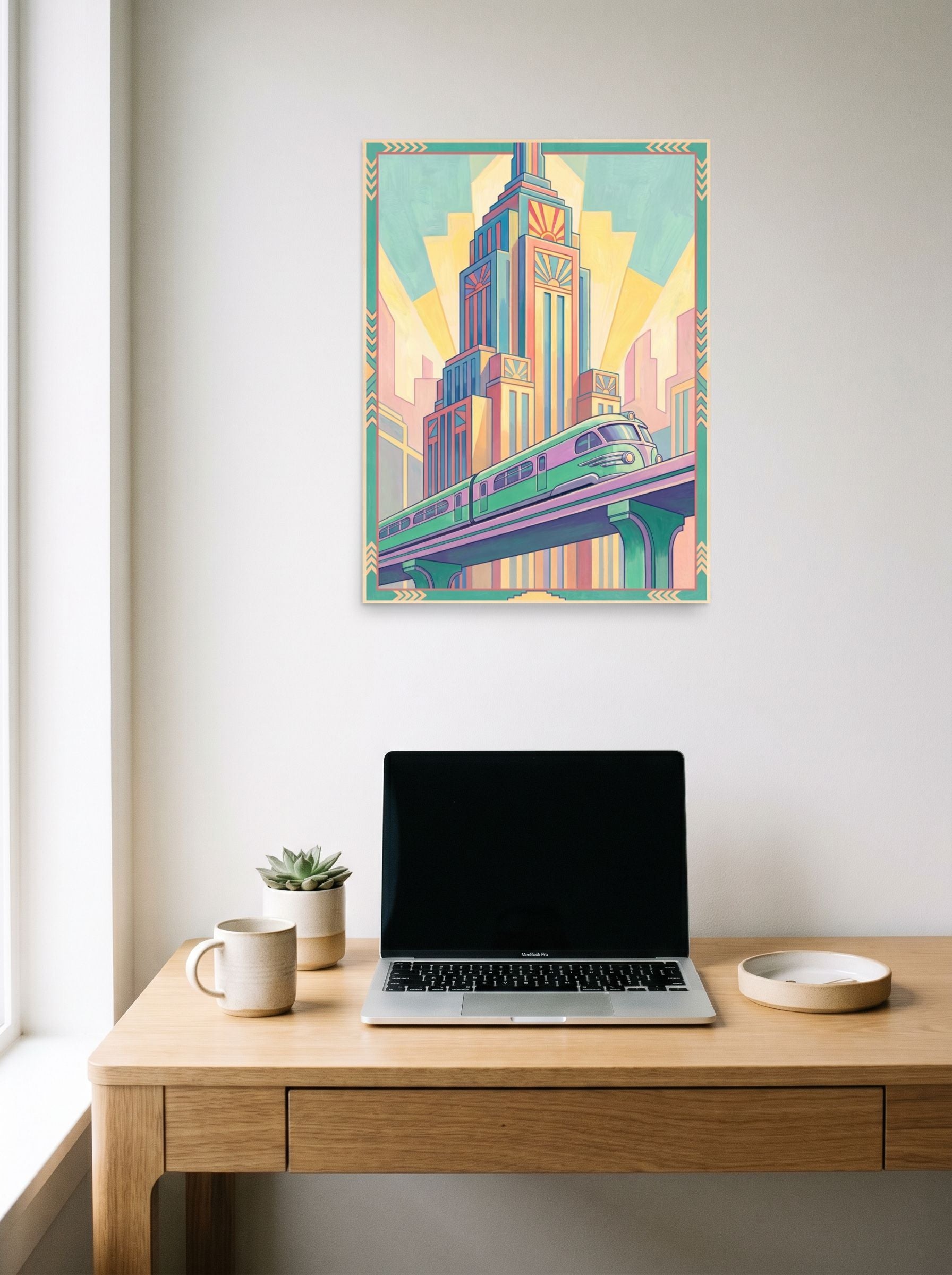 A 18x24 inch unframed paper Art Deco print of 'The Pastel Express' hanging above a worktable with a laptop.