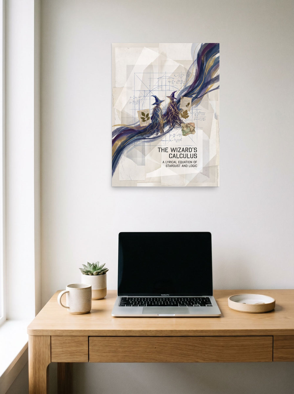 See 'The Wizard's Calculus' as a unframed paper print (18x24 inch), displayed over a compact desk setup.