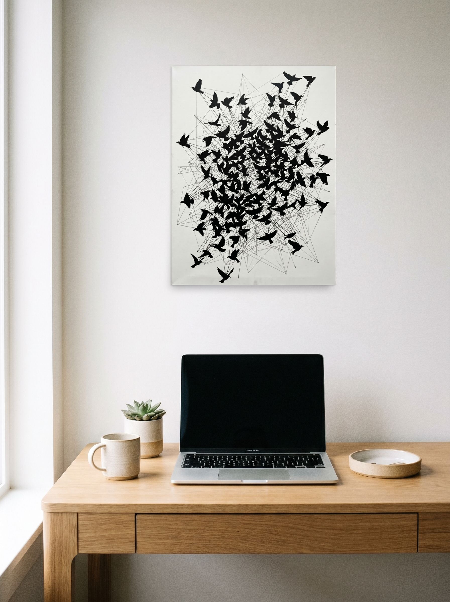 A 18x24 inch unframed paper Abstract art print of 'Avian Network' hanging above a worktable with a laptop.